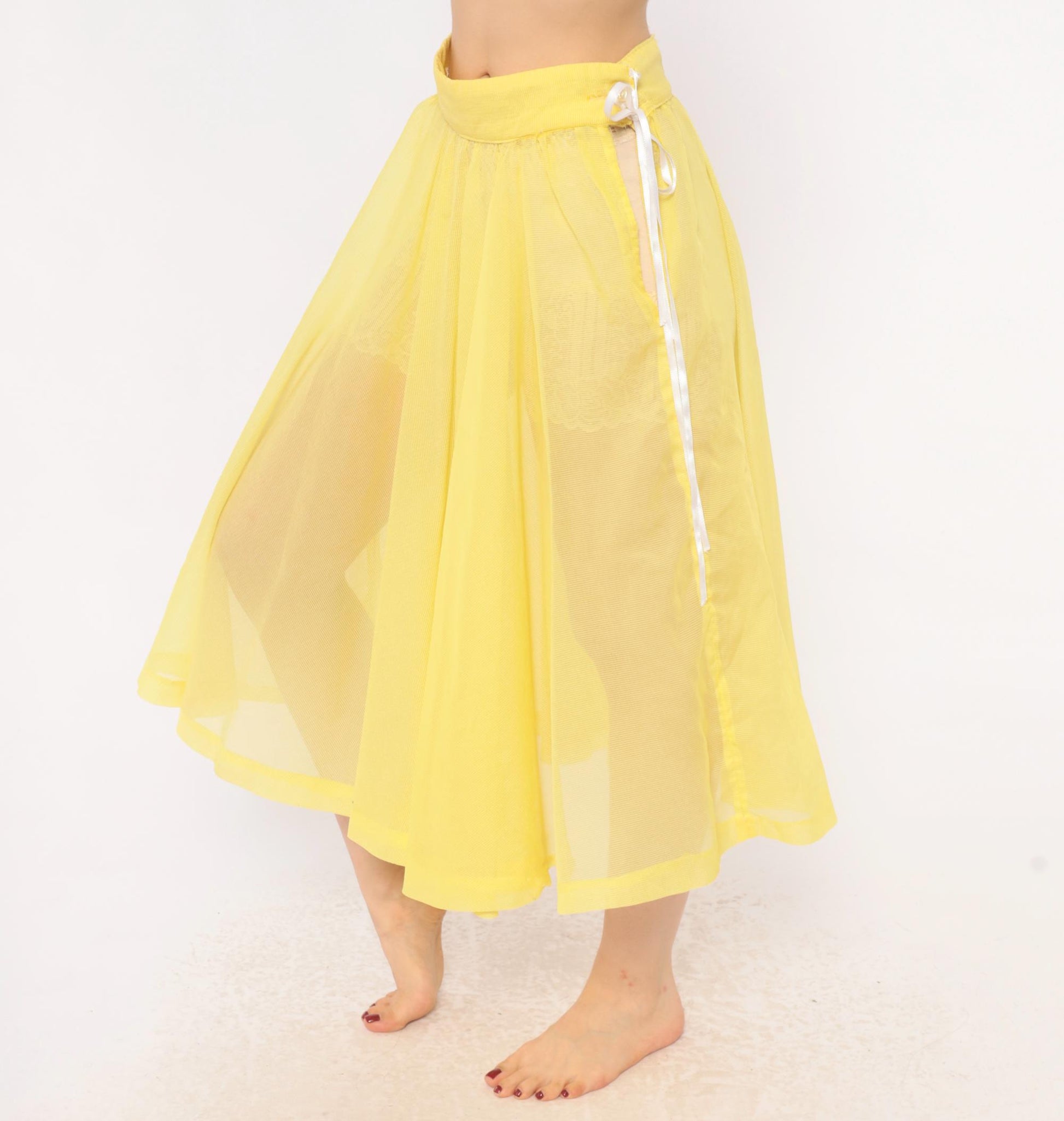 80s Yellow Sheer Circle Skirt Midi Ribbon Tie Lemon Chiffon Small