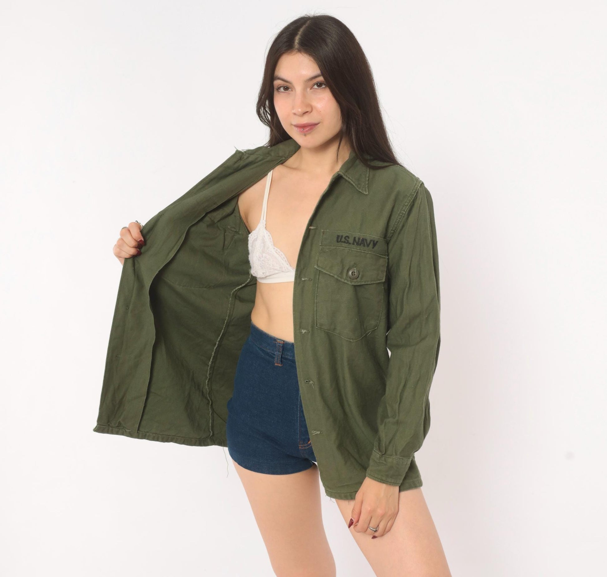 80s U.S. Navy Utility Shirt Olive Drab Cotton Military Field Top Medium