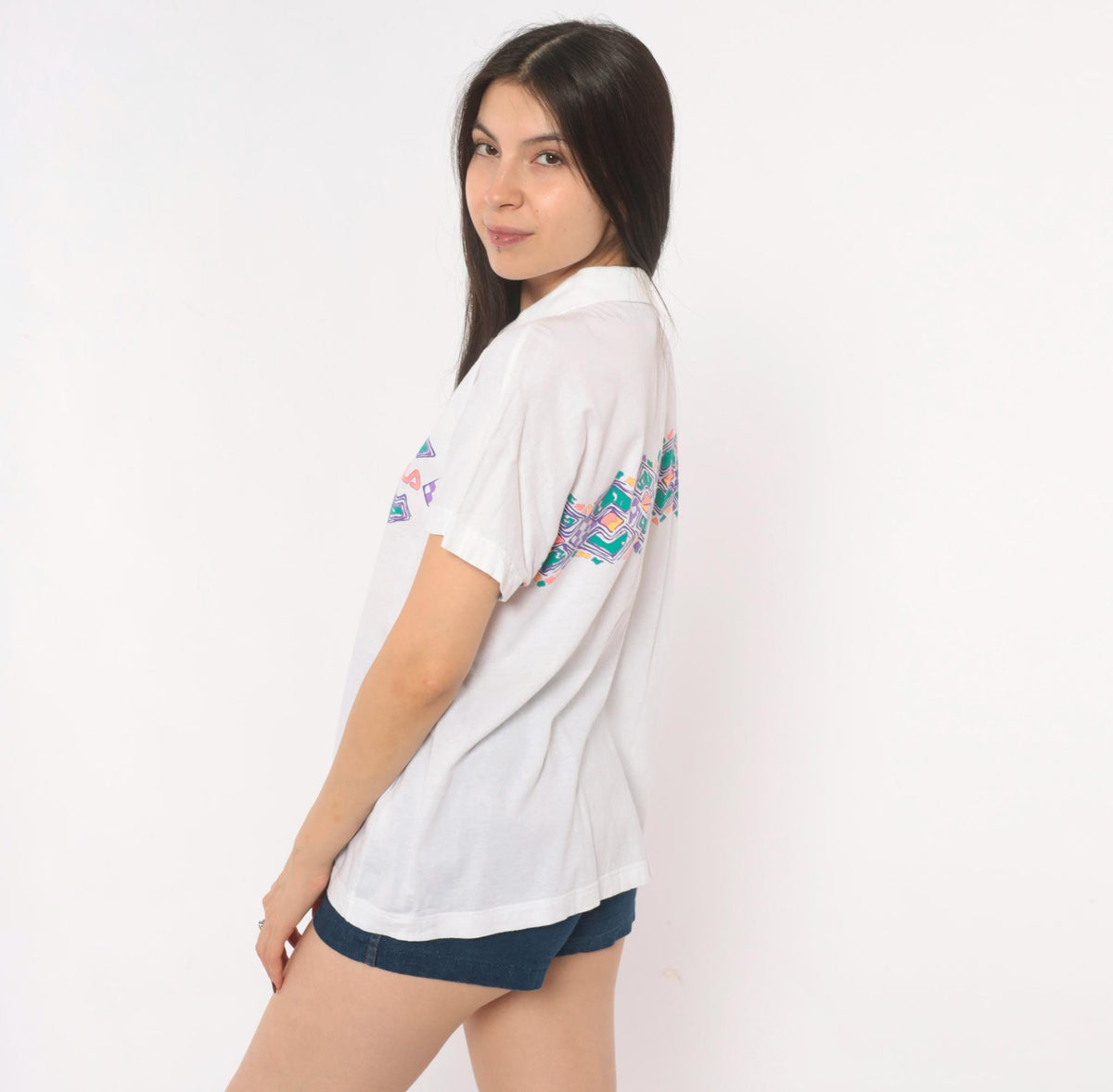 80s Fila Geometric Polo White Cotton Diamond Pattern Large