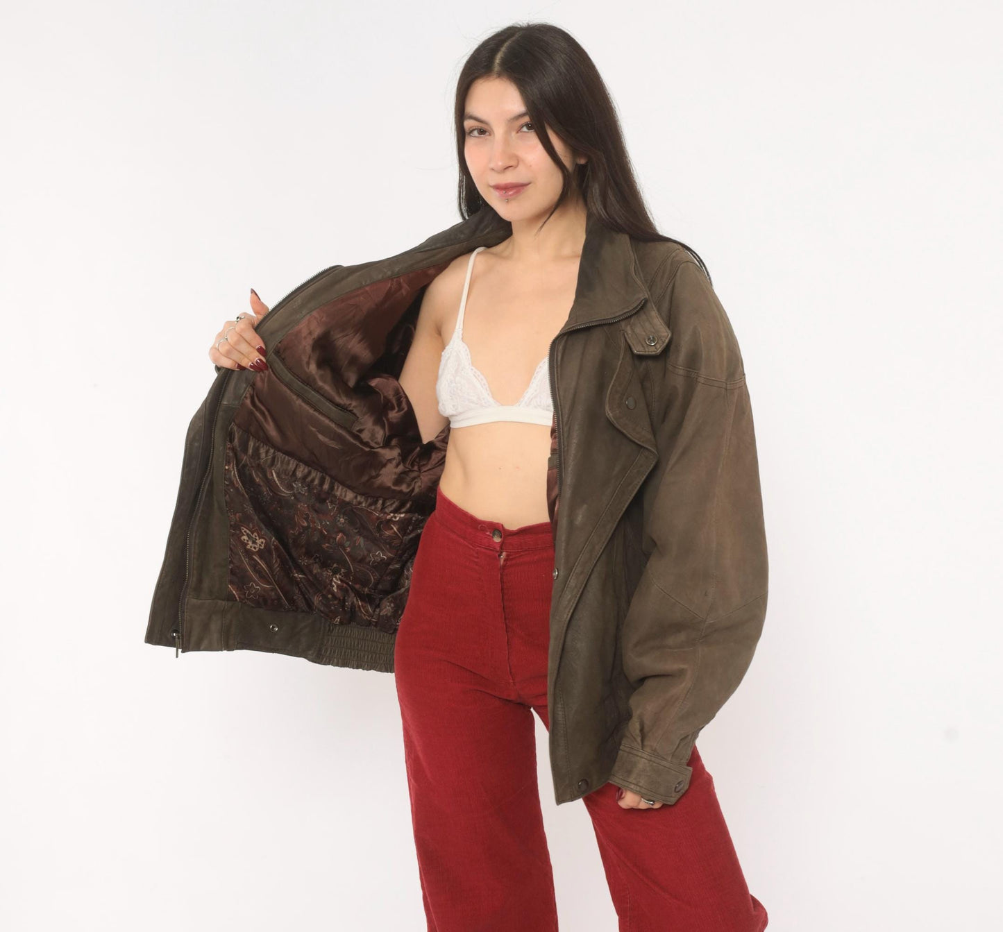 80s Pelle Studio Brown Leather Bomber Jacket Batwing Moto Large L
