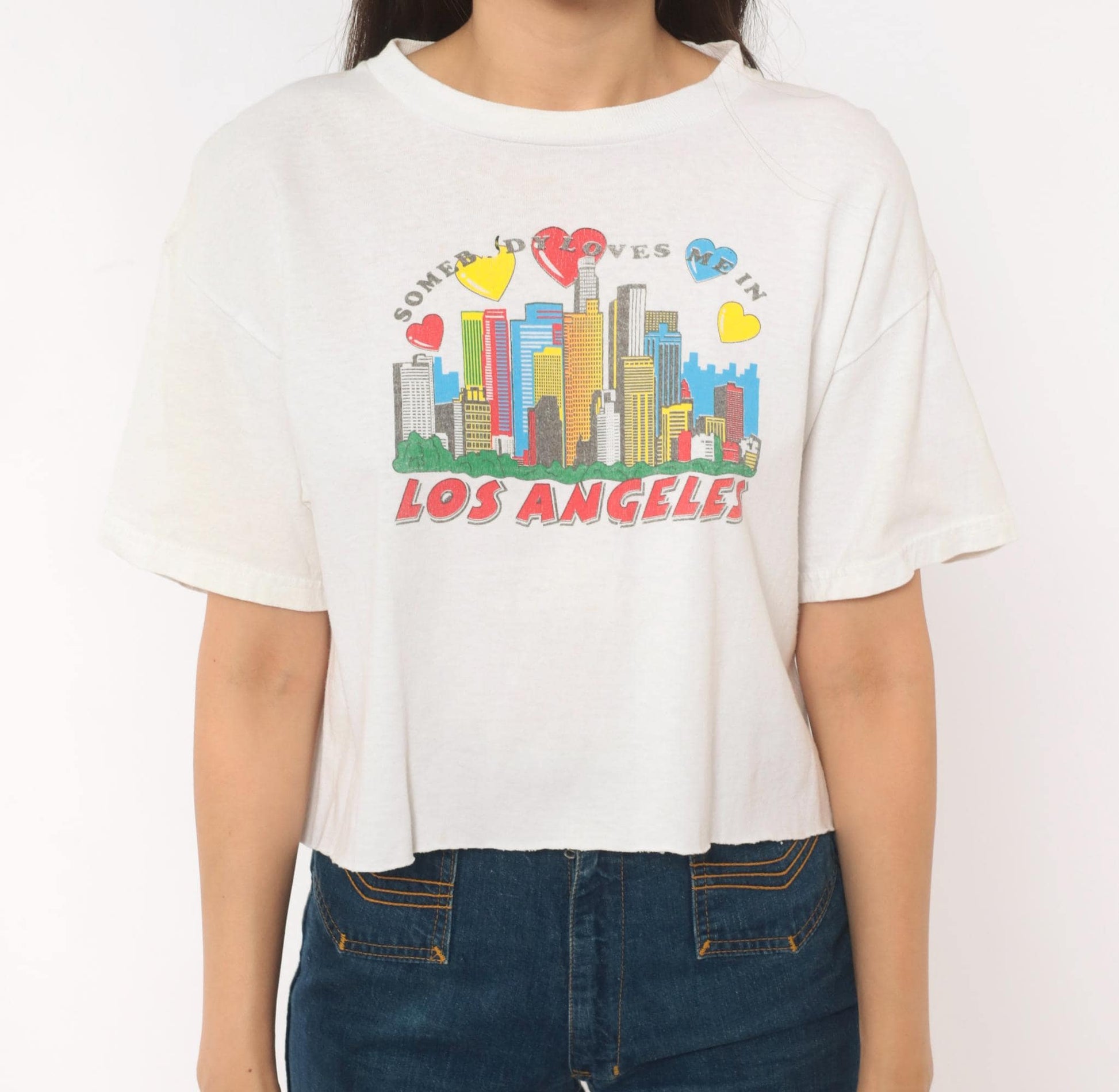 2000s Delta Crop Tee Los Angeles Skyline Hearts White Small
