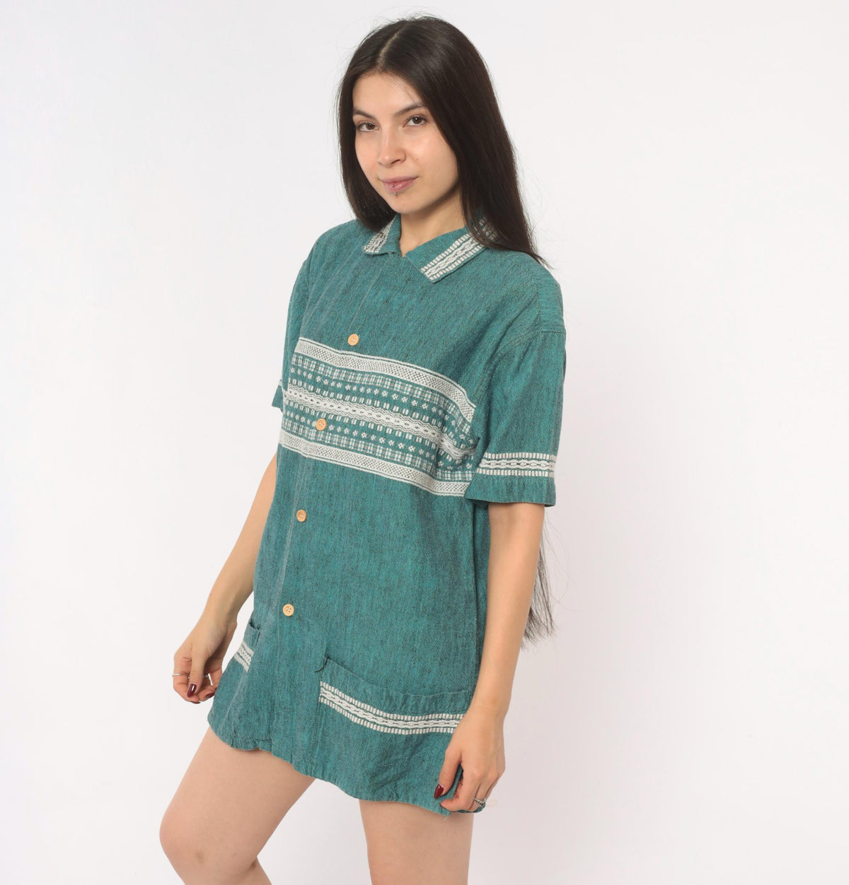 90s Teal Woven Shirt Jacquard Folk Pattern Cotton Collared Camp Large