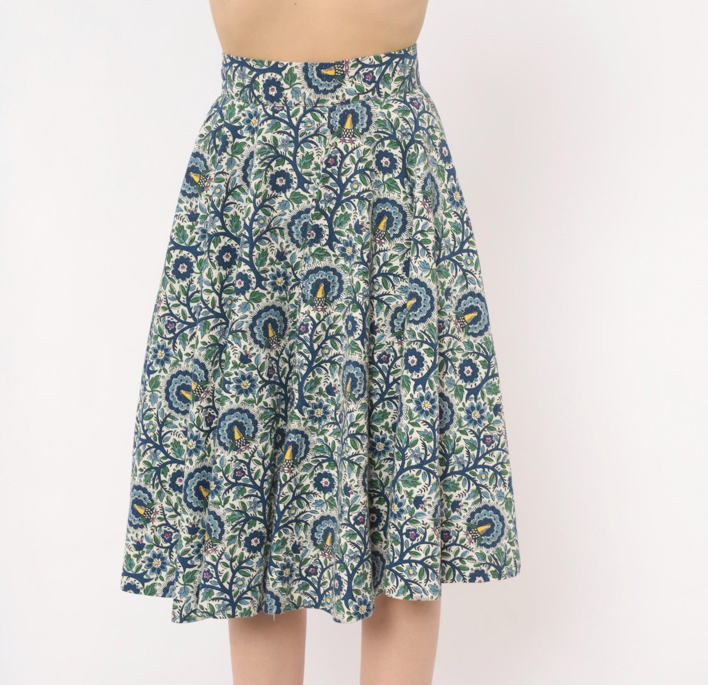 1950s Peacock Bird Circle Skirt Cotton Floral High Waist Blue Ivory Extra Small XS