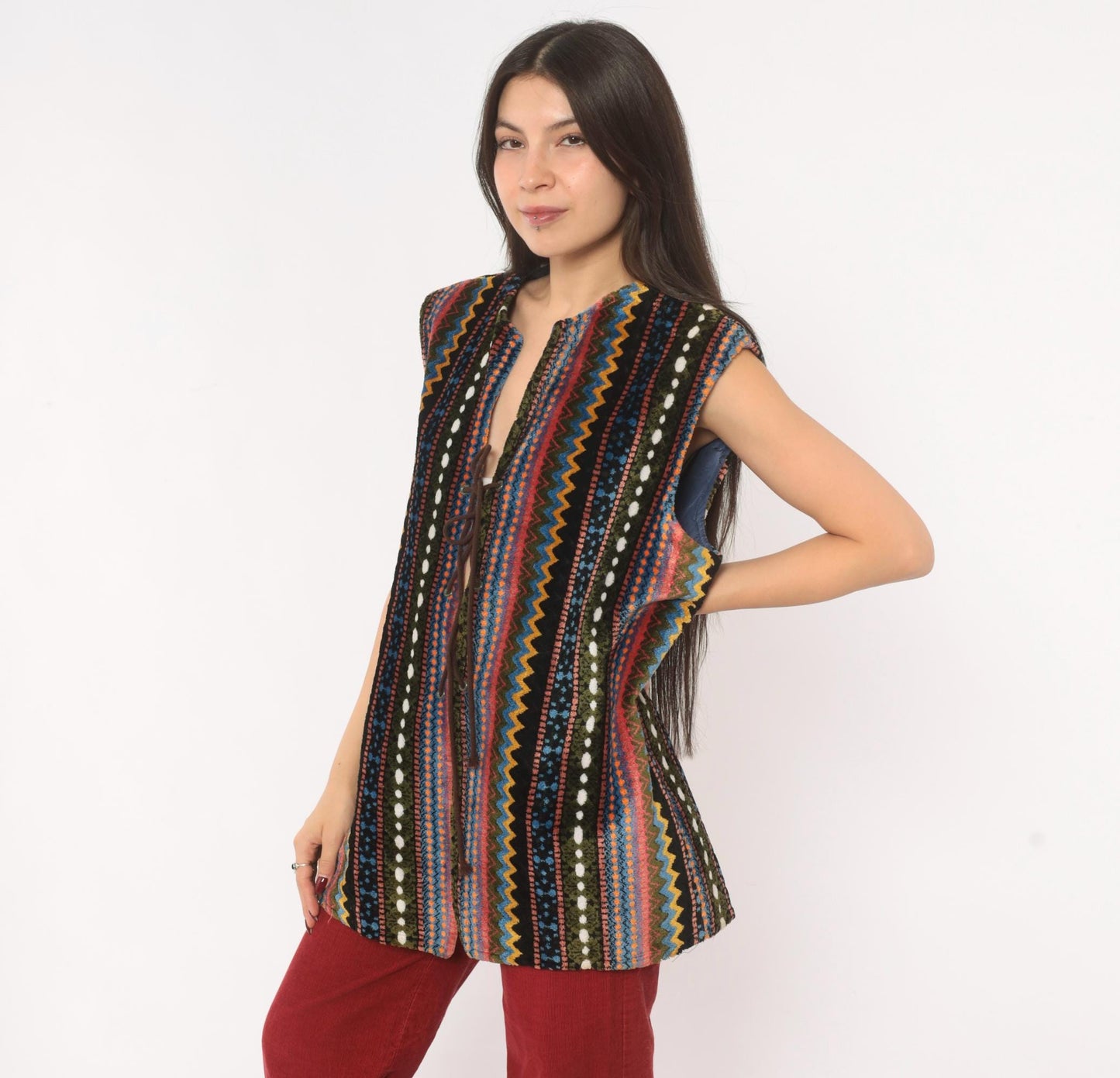 70s Chenille Tapestry Vest Multicolor Zigzag Stripe Lace-Up Tunic Large L