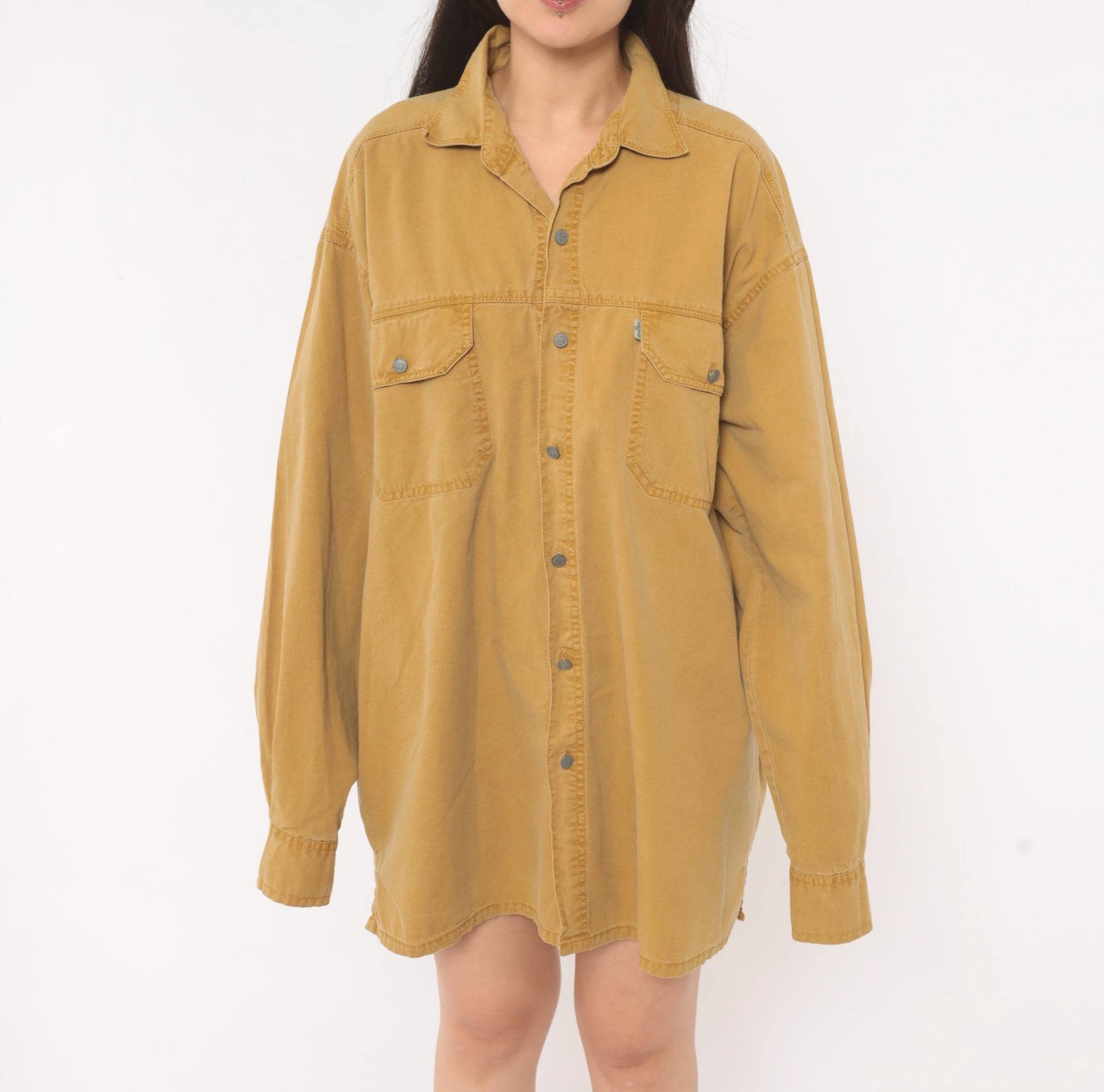 90s Levi's Mustard Cotton Button-Front Shirt Spread Collar Large L