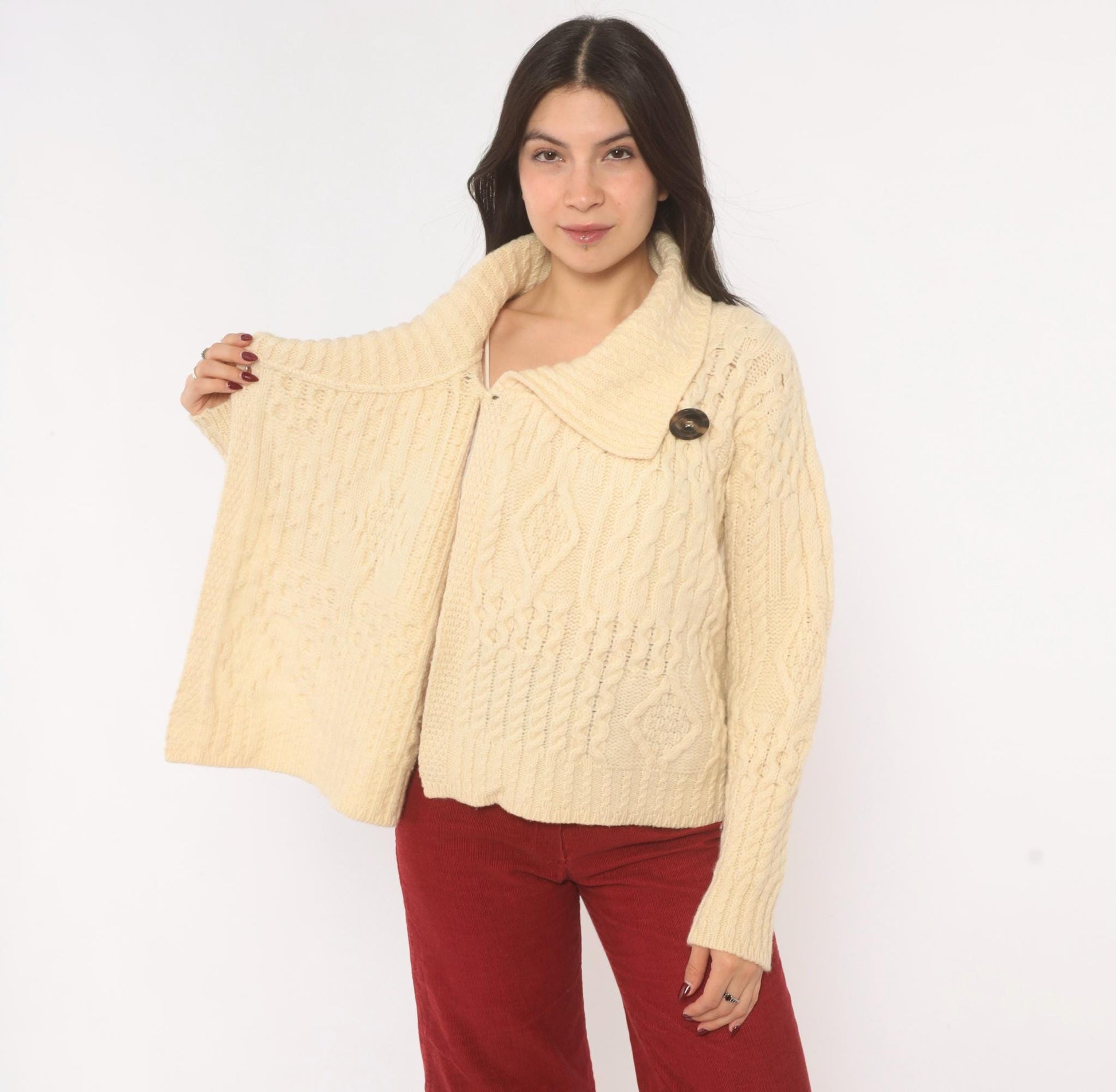 80s Arancrafts Aran Cable Knit Cardigan Cream Wool Shawl Collar Small S