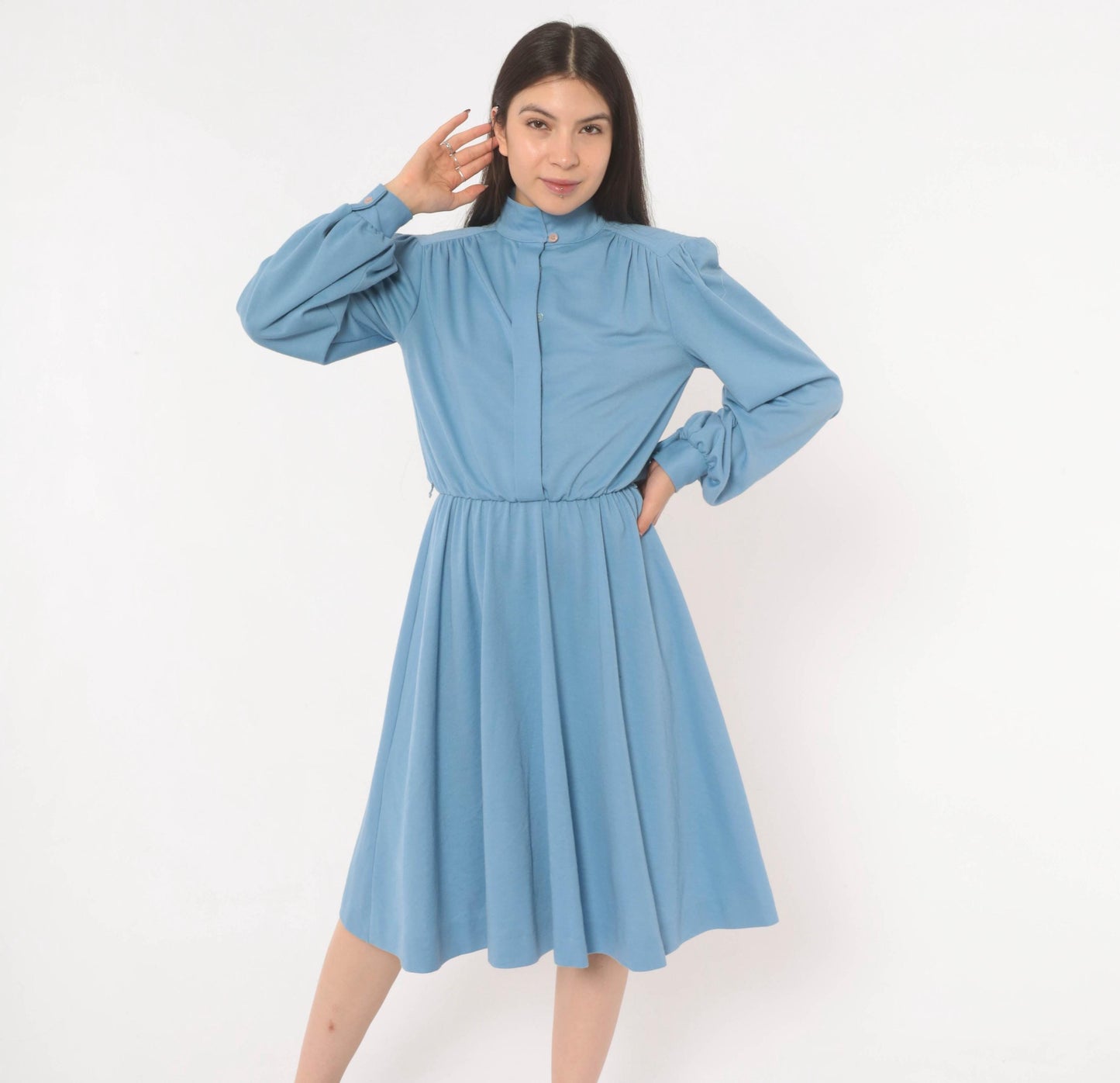 70s Sky Blue Sunshine Alley Dress Bishop Sleeve Quilted Yoke Knee Length Medium M