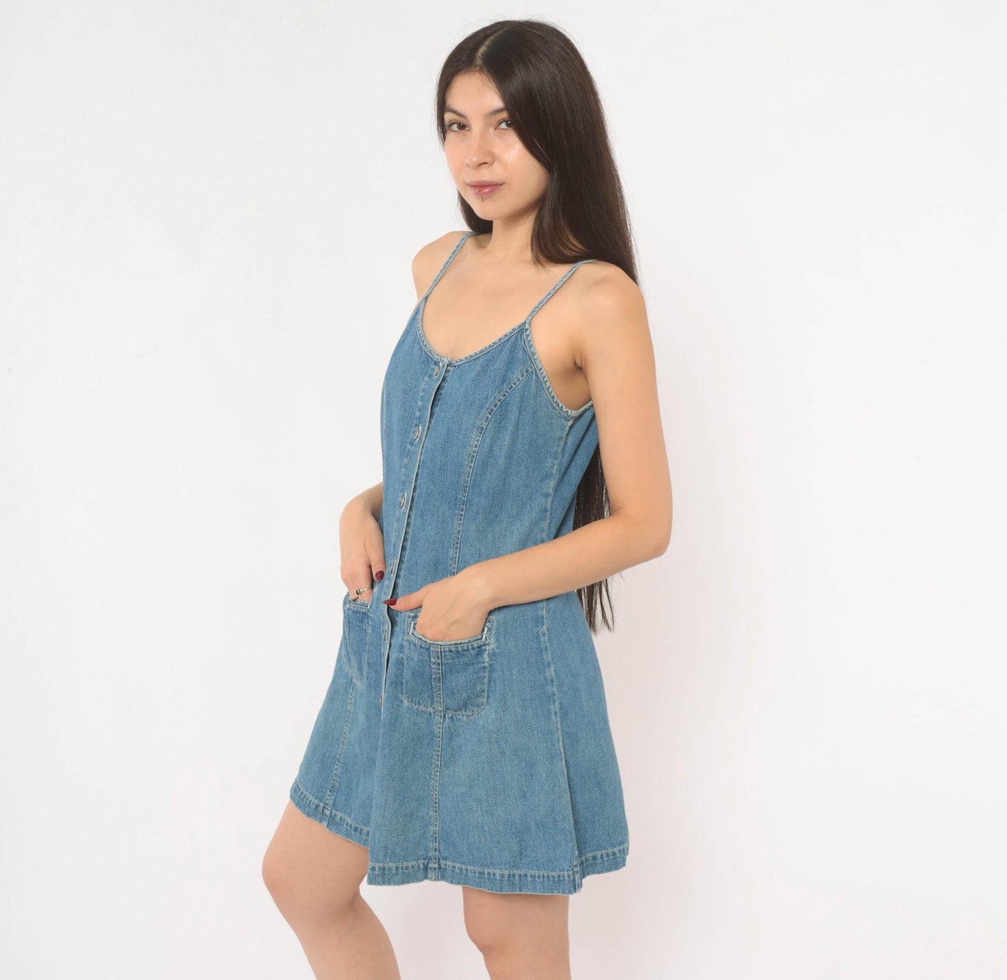 90s Dockers Denim Mini Dress Button Front Spaghetti Strap Blue Small