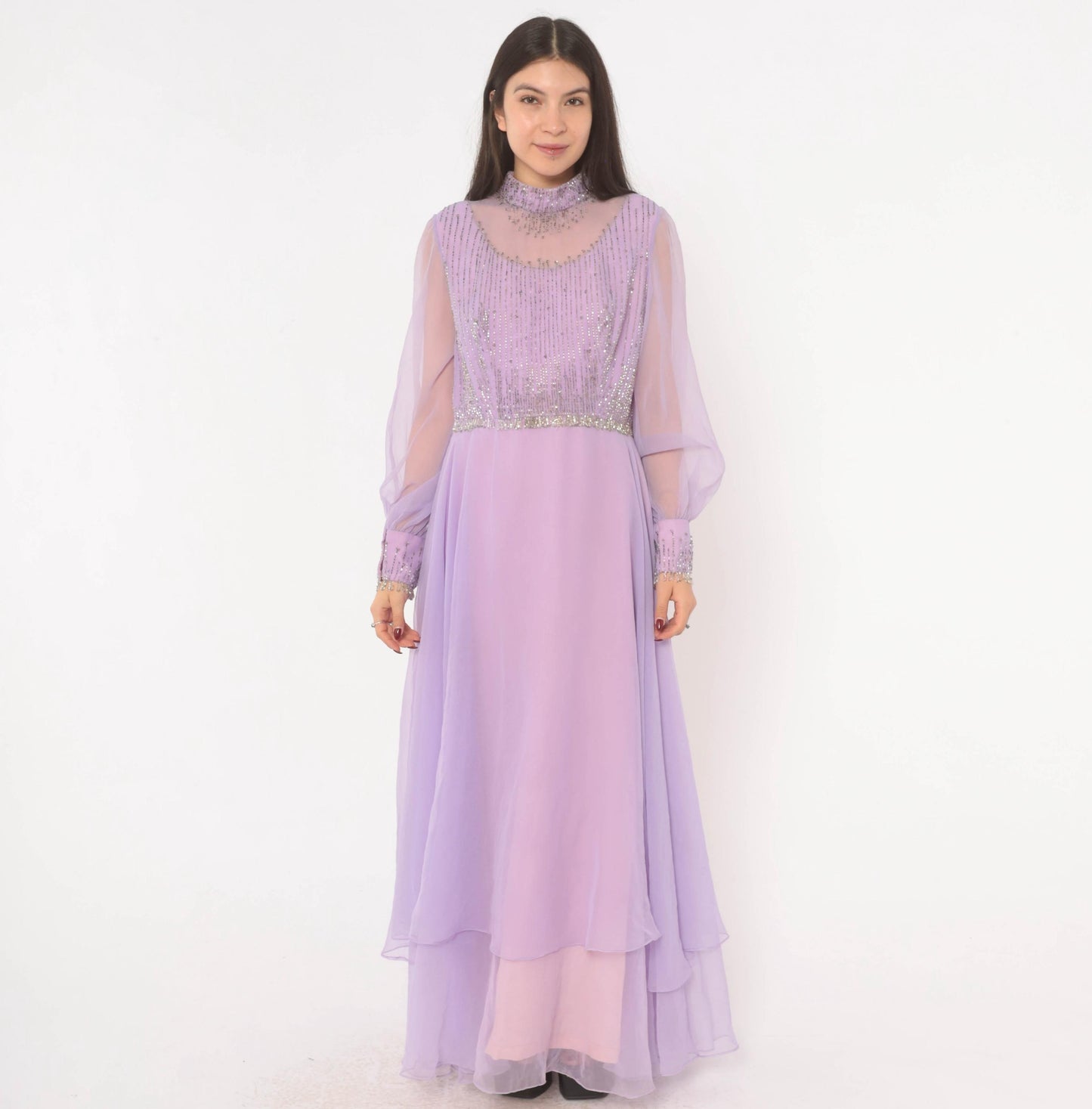 70s Lavender Chiffon Maxi Dress Beaded Bodice Bishop Sleeve Evening Gown Large L