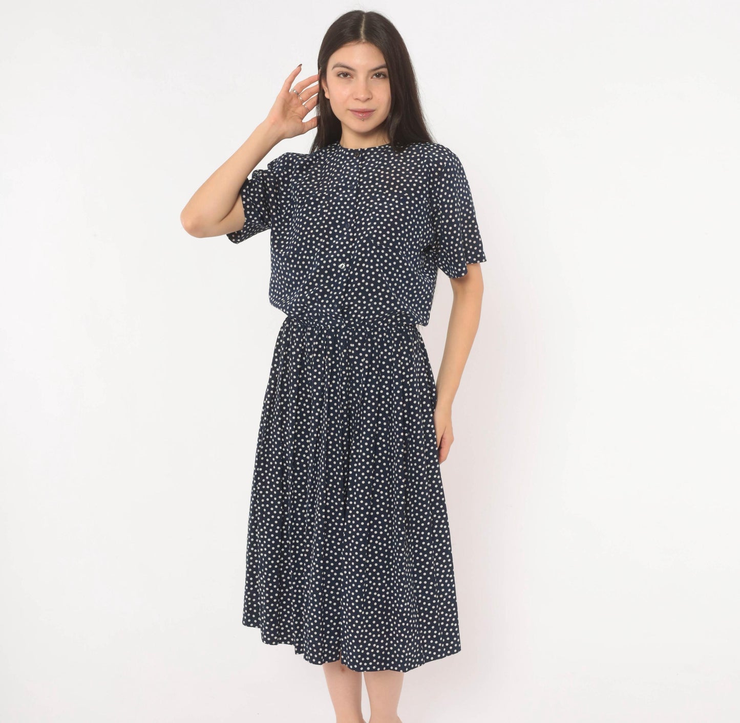 90s Navy Polka Dot Midi Dress Liz Petites Button Front Crew Neck Medium M