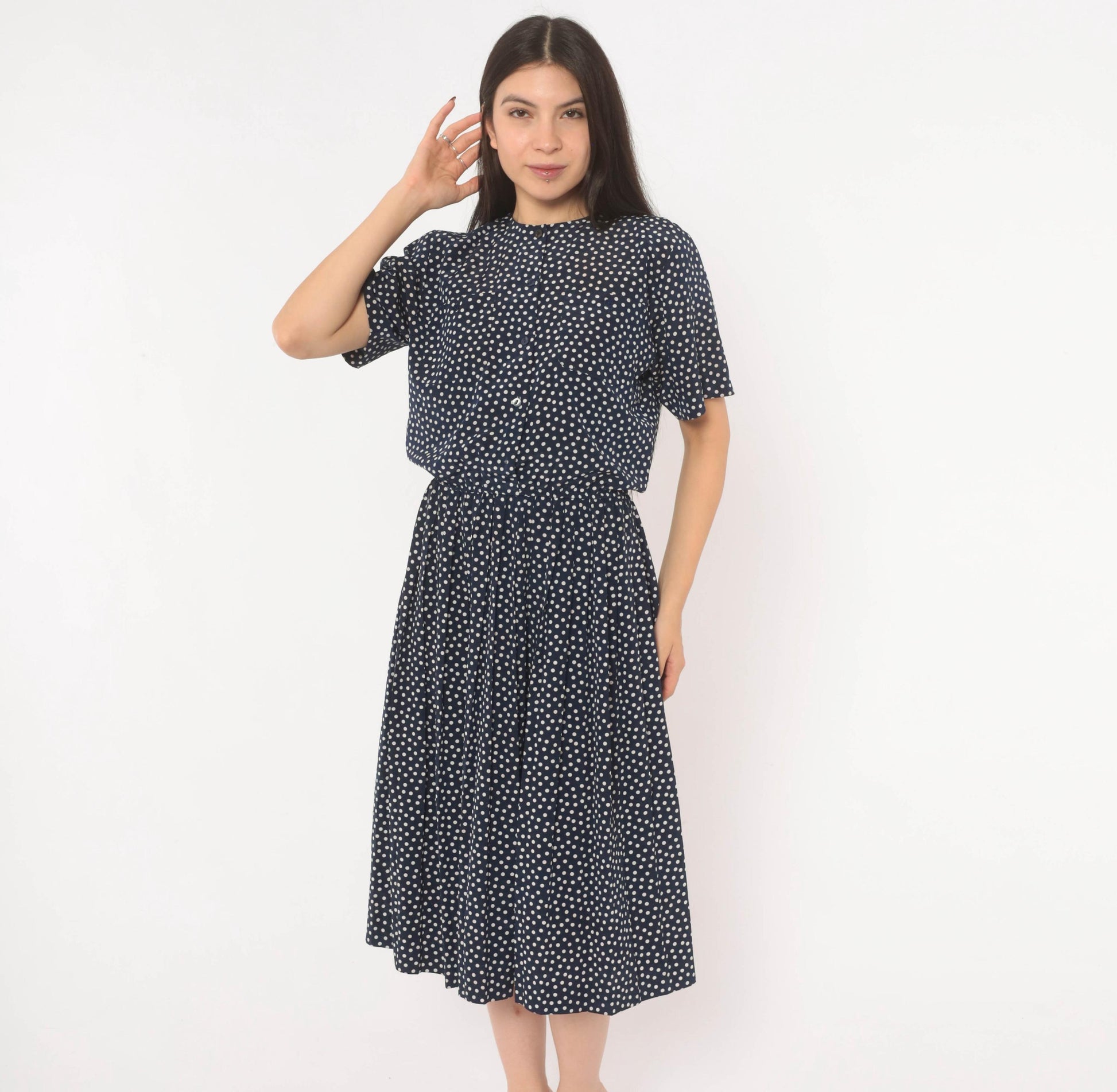 90s Navy Polka Dot Midi Dress Liz Petites Button Front Crew Neck Medium M