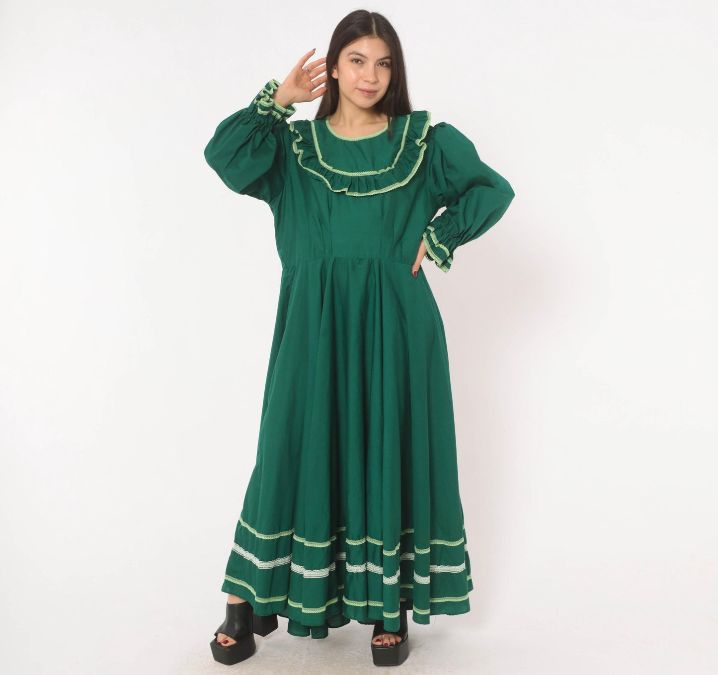 70s Forest Green Prairie Maxi Dress Lace Ruffle Puff Sleeve Large L