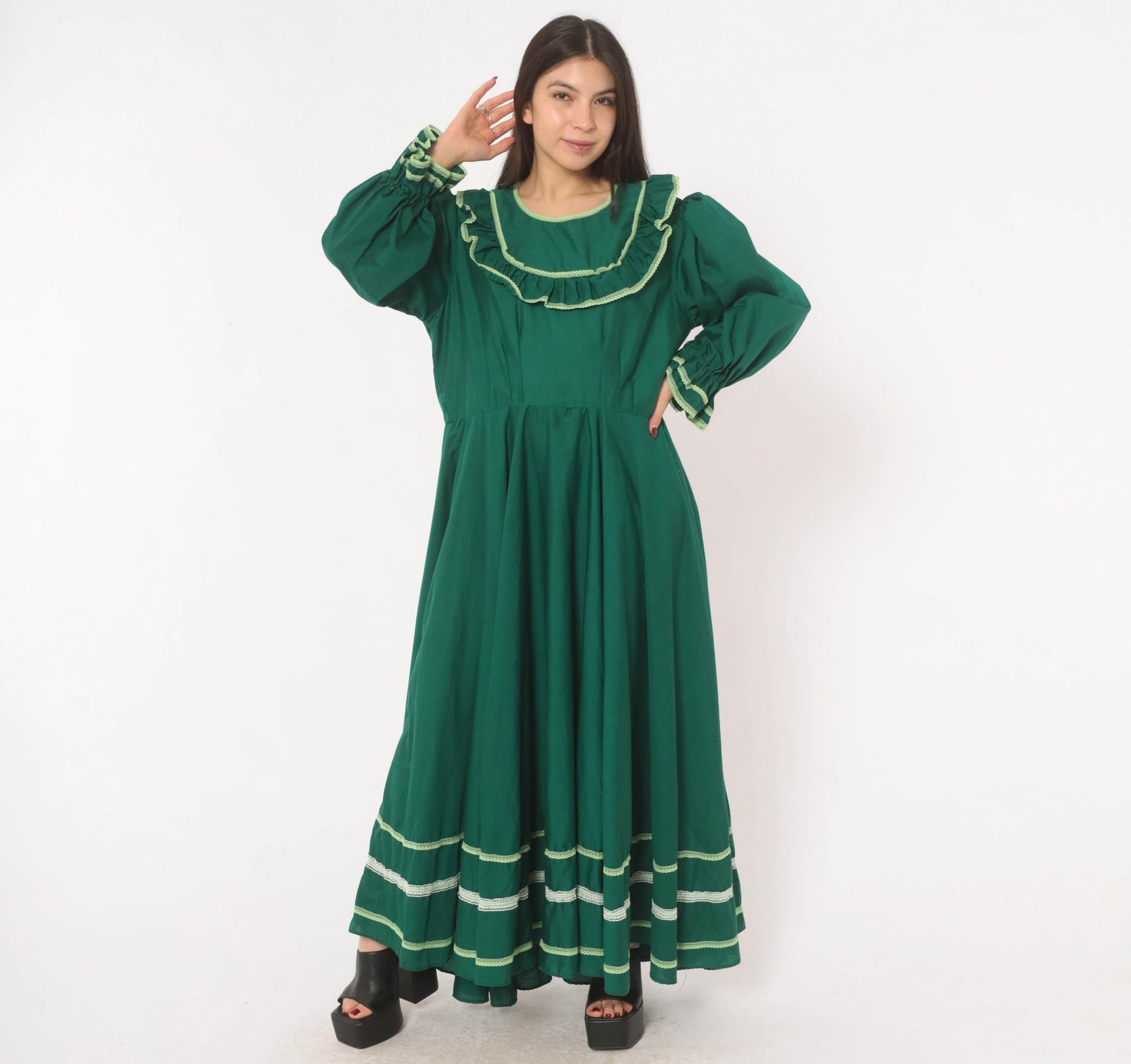 70s Forest Green Prairie Maxi Dress Lace Ruffle Puff Sleeve Large L