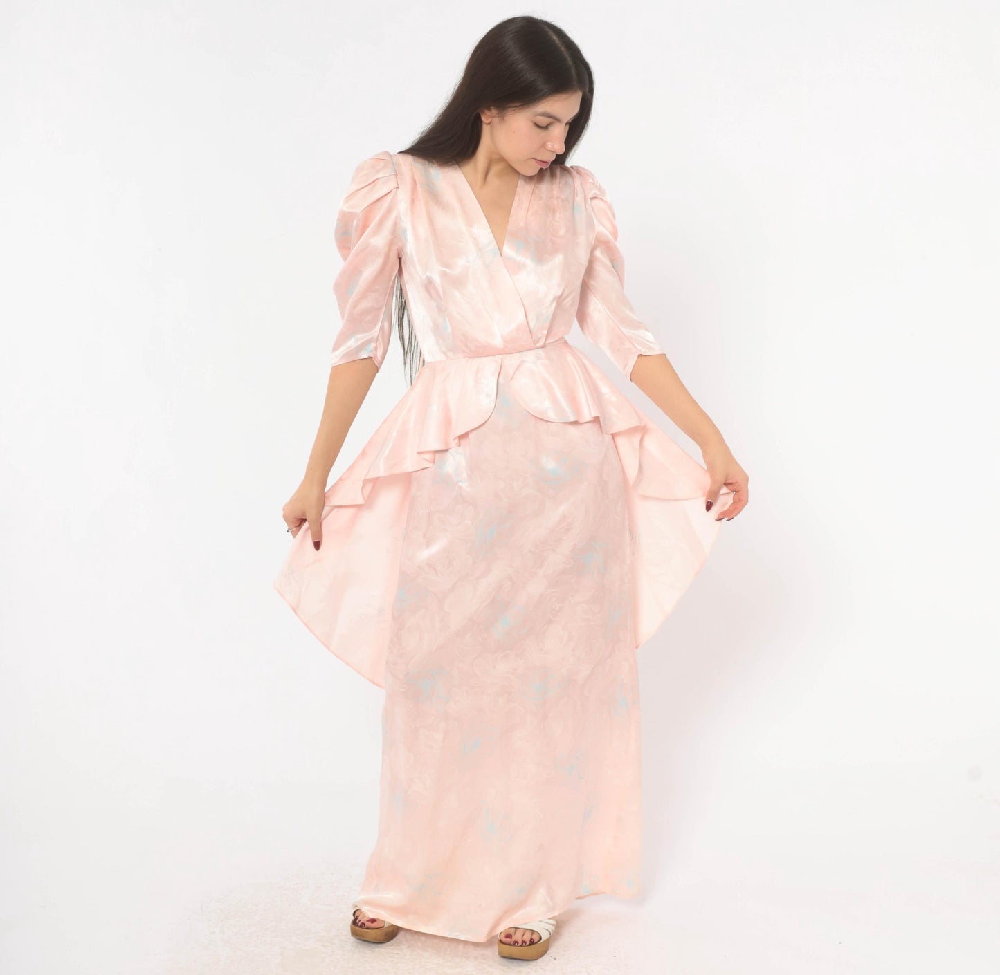 80s Zum Zum Puff Sleeve Maxi Gown Blush Pink Jacquard Floral Extra Small XS