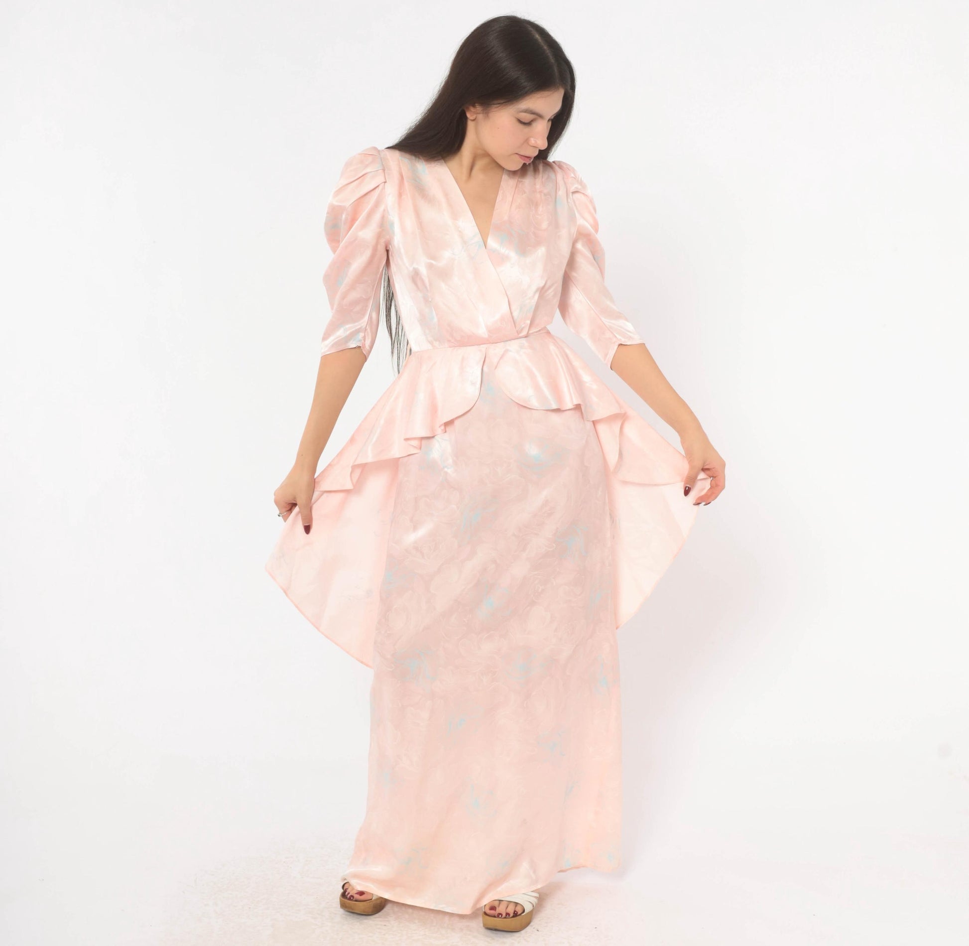 80s Zum Zum Puff Sleeve Maxi Gown Blush Pink Jacquard Floral Extra Small XS