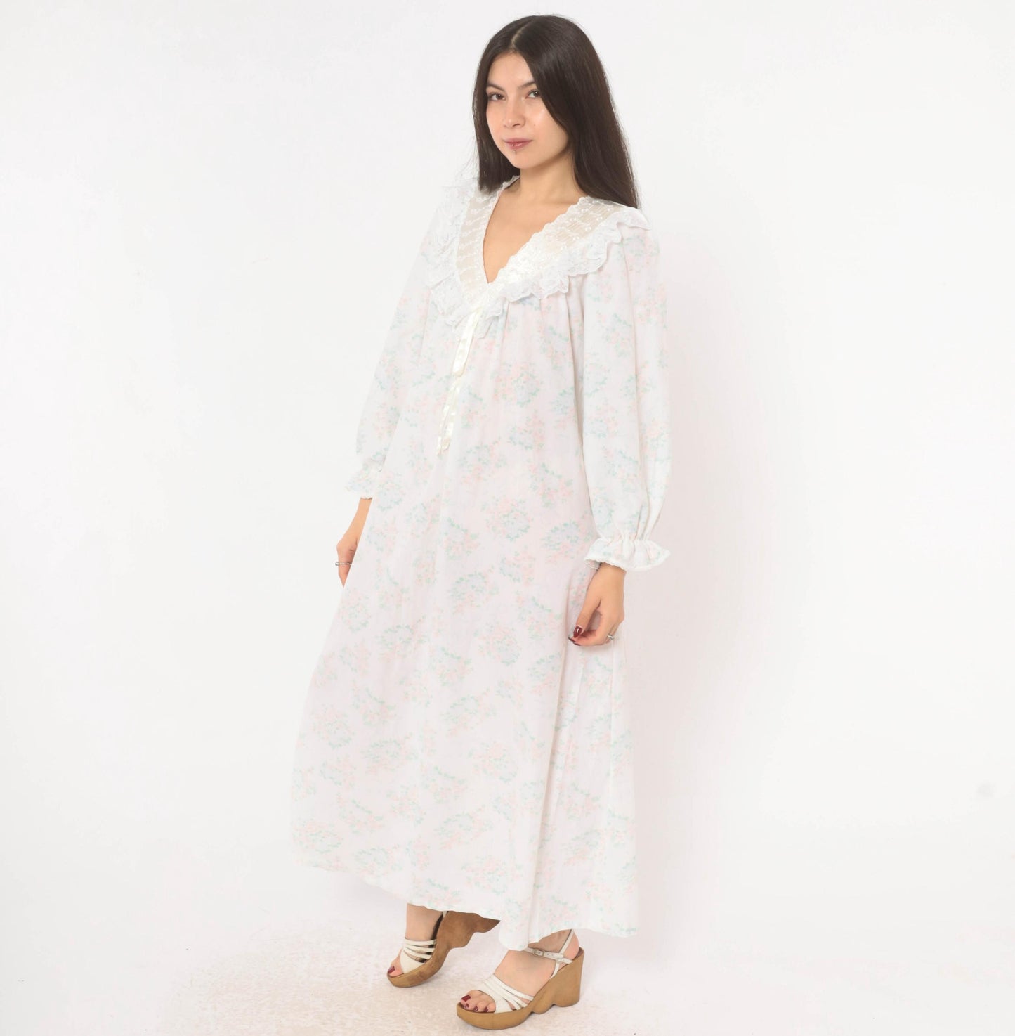90s Gilligan O'Malley Floral Maxi Robe Puff Sleeve Eyelet Collar Pink Teal Medium M