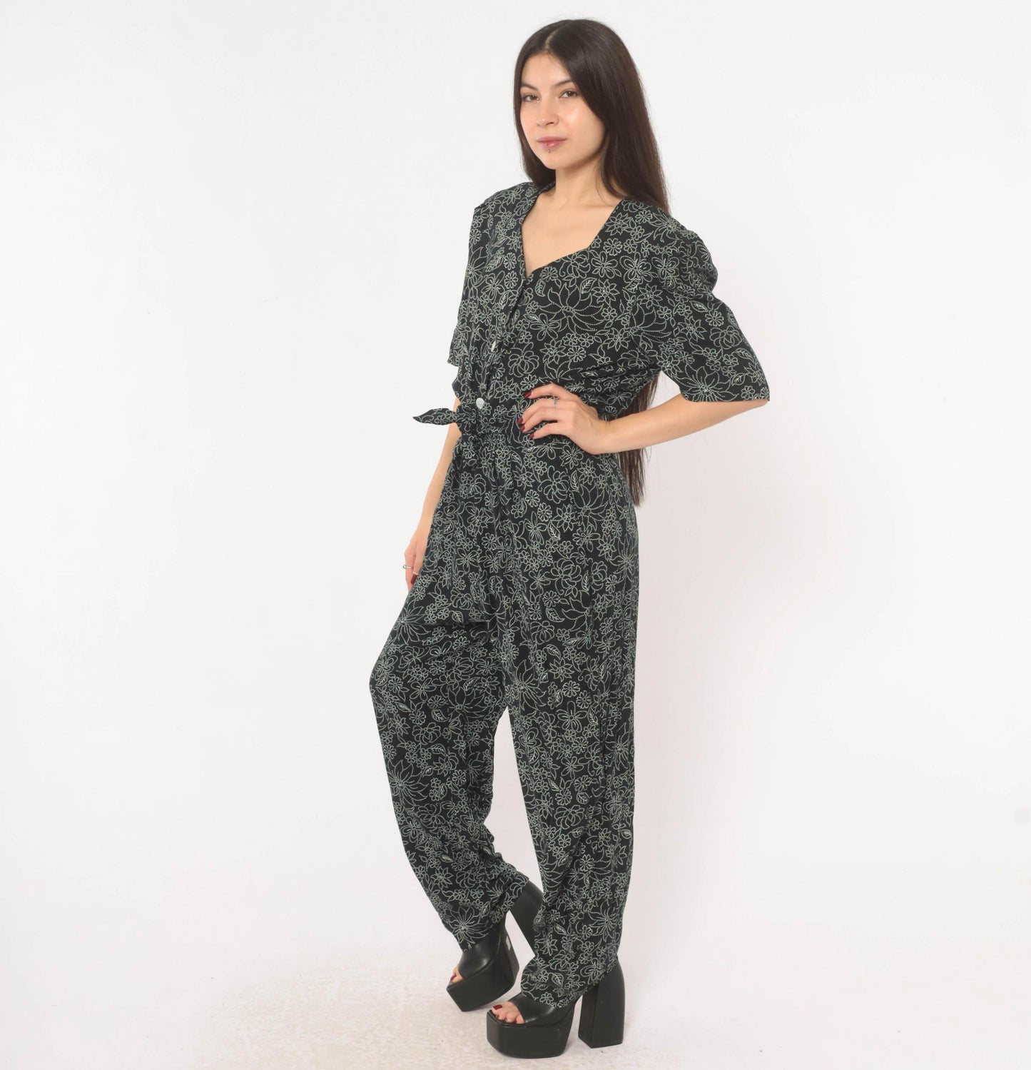 90s Molly Malloy Floral Jumpsuit Black White Dotted Print V Neck Small