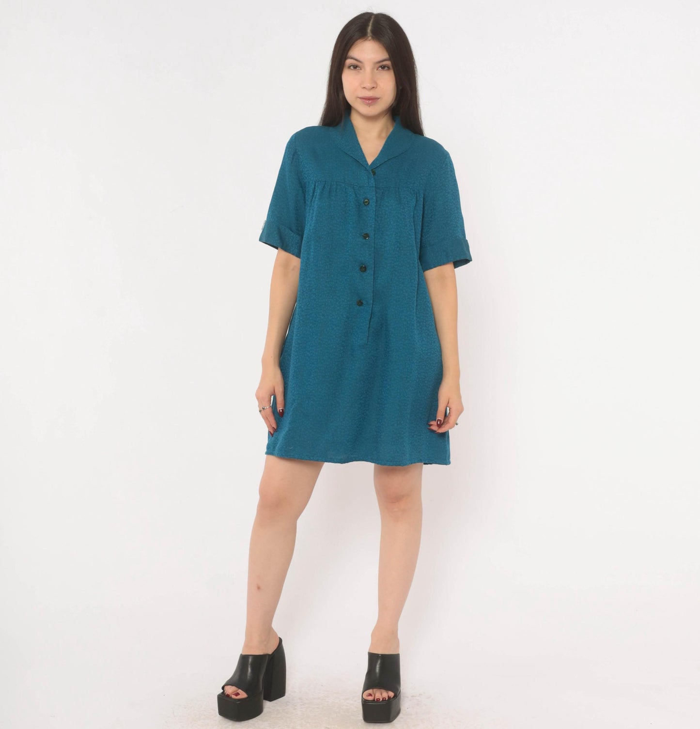 60s Royal Dry Goods Mod Shift Dress Teal Button Front Cotton Medium M