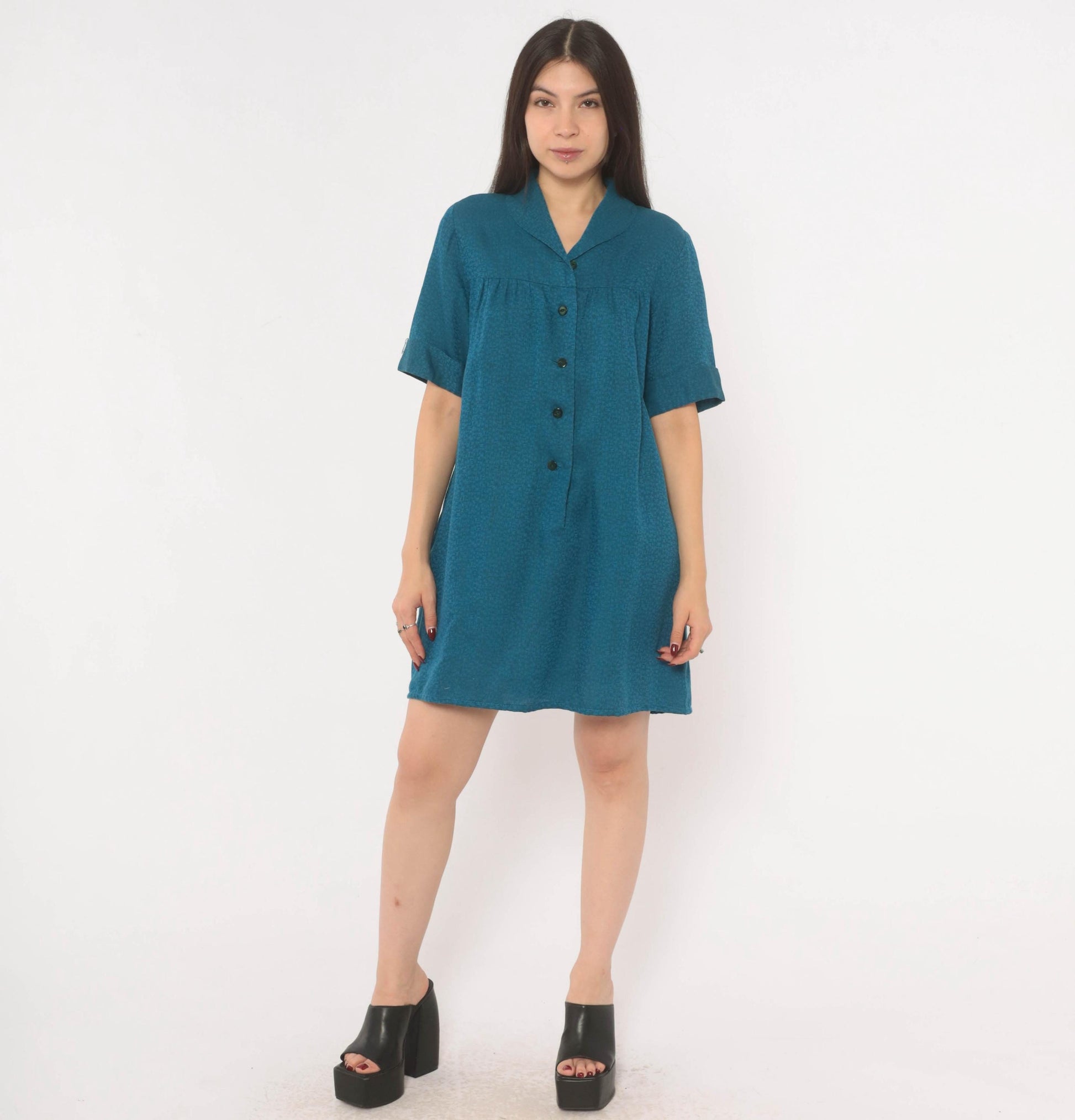 60s Royal Dry Goods Mod Shift Dress Teal Button Front Cotton Medium M