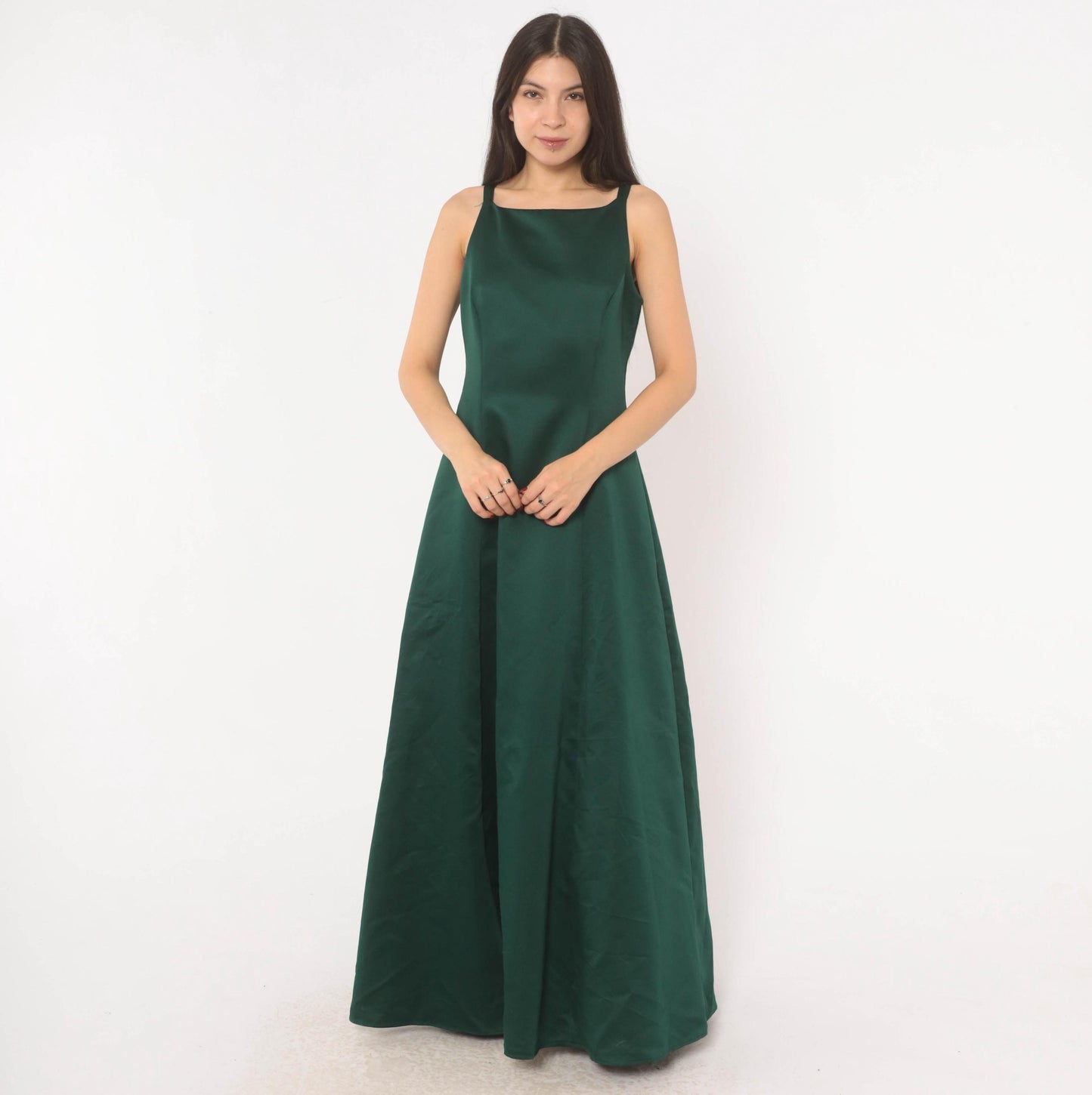 90s Betsy & Adam Emerald Satin Maxi Gown Square Neck A-Line Evening Dress Small