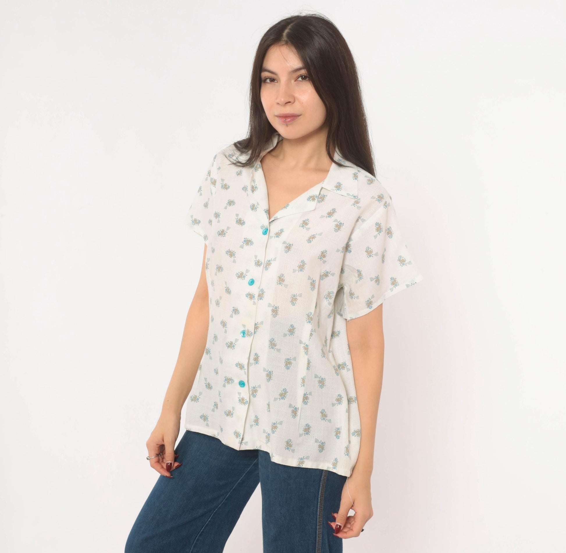 70s White Floral Camp Collar Shirt Cotton Blue Ditsy Print Large L
