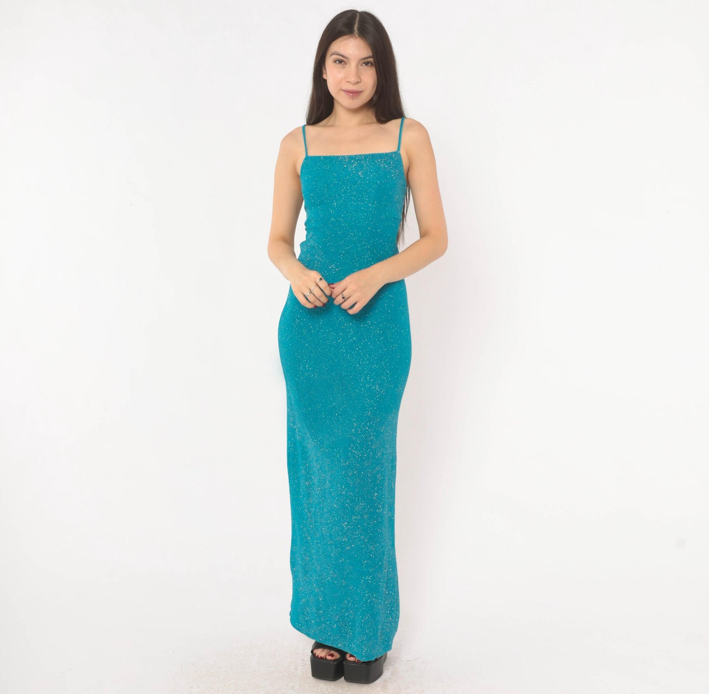 2000s City Triangles Teal Glitter Maxi Dress Lace-Up Back Small