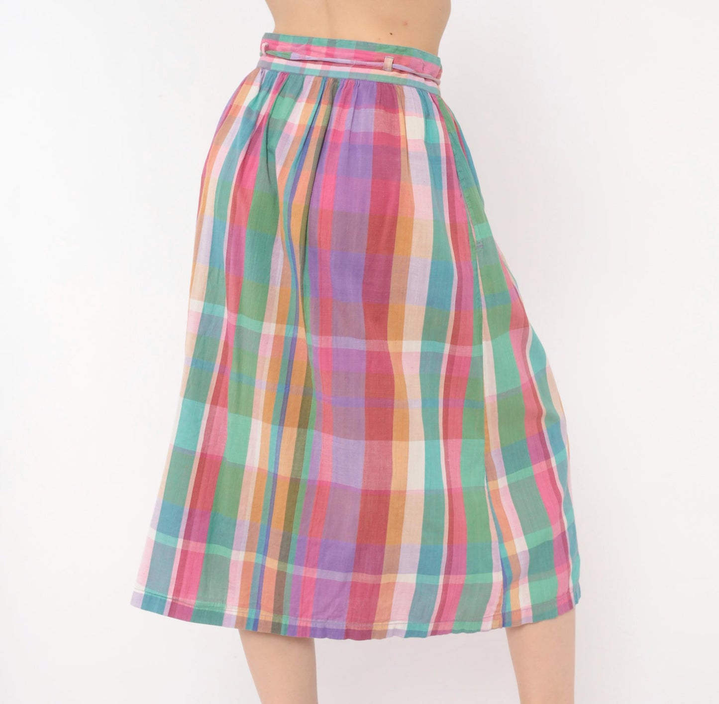 80s Michel Madras Plaid Cotton Midi Skirt Gathered A-Line Pink Teal Small