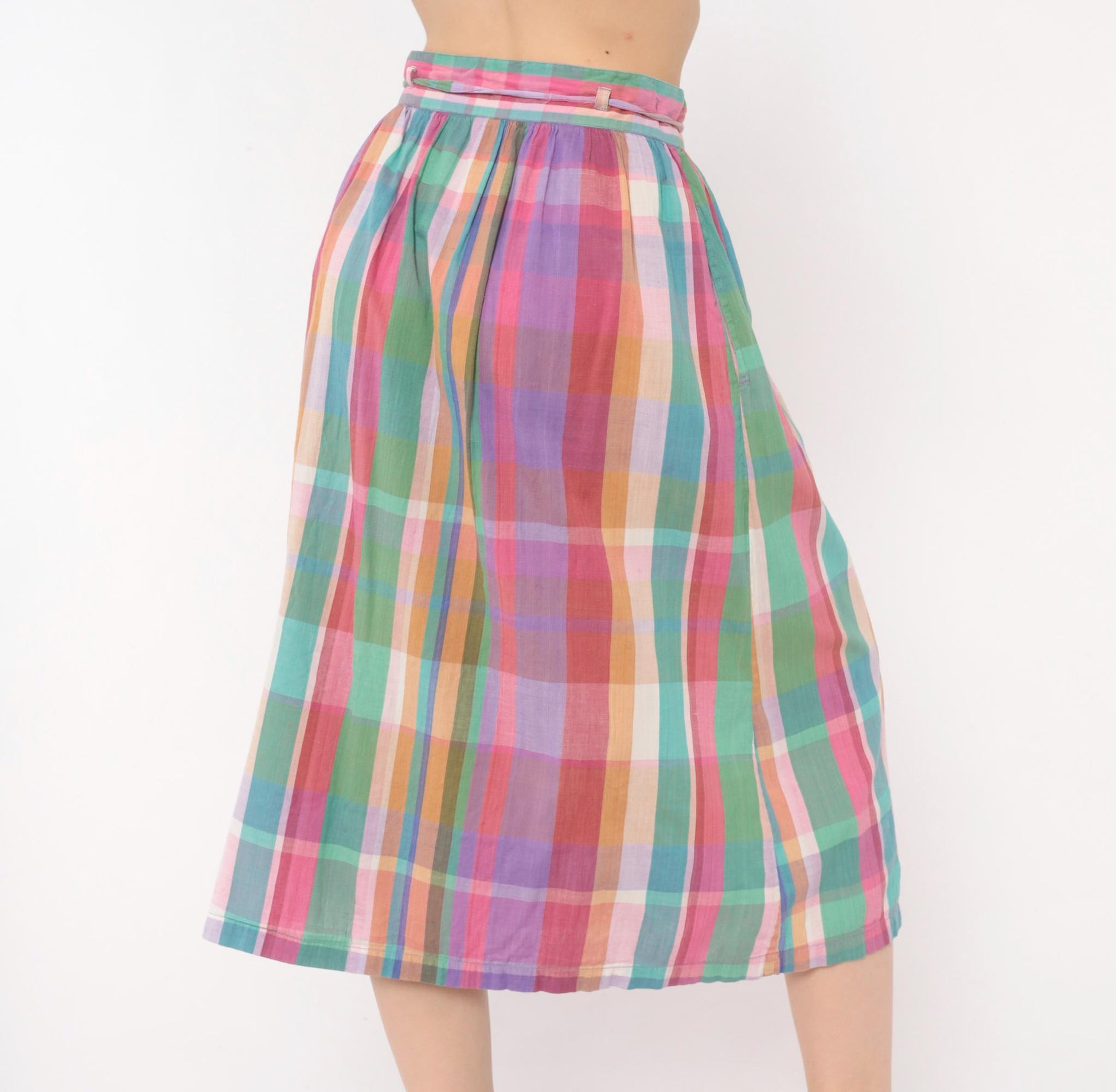 80s Michel Madras Plaid Cotton Midi Skirt Gathered A-Line Pink Teal Small