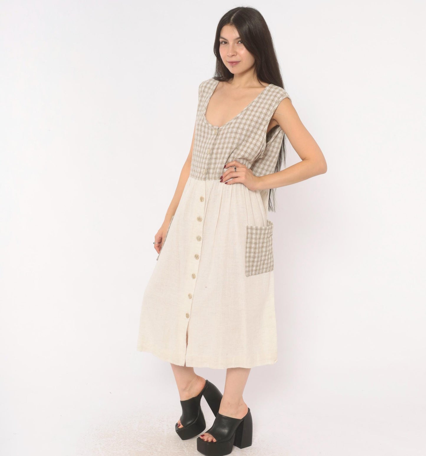 90s Two Twenty Gingham Midi Jumper Dress Tan Cream Cotton Linen Large