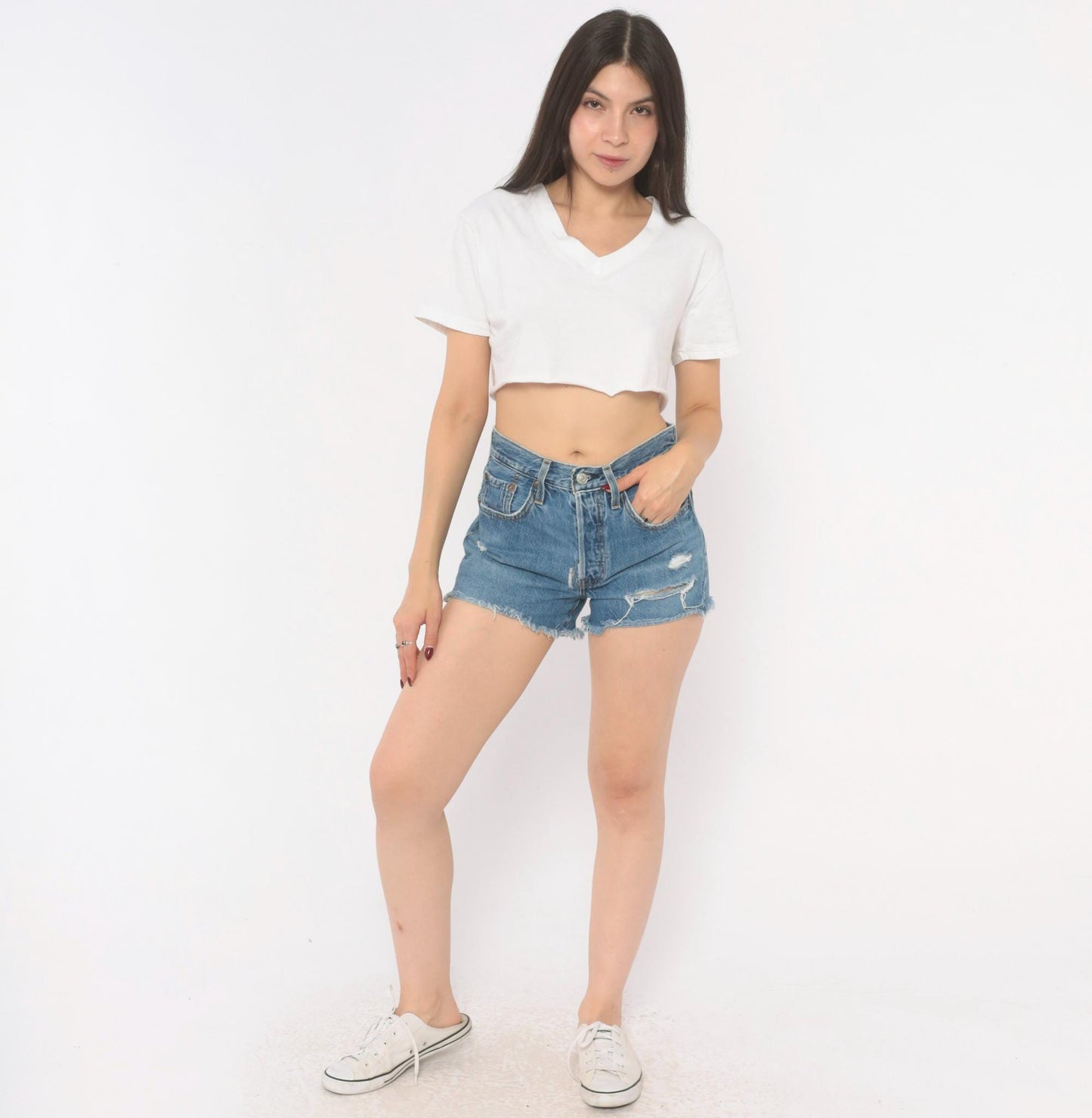 Levi's 501 Cutoff Denim Shorts Blue Button Fly High Rise Distressed Extra Small XS