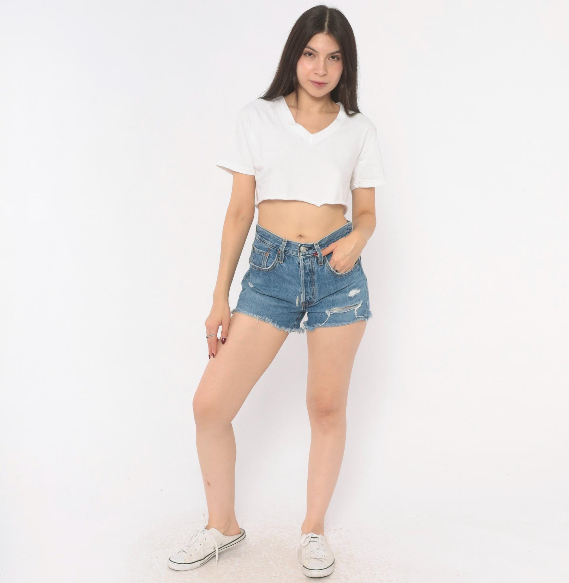Levi's 501 Cutoff Denim Shorts Blue Button Fly High Rise Distressed Extra Small XS