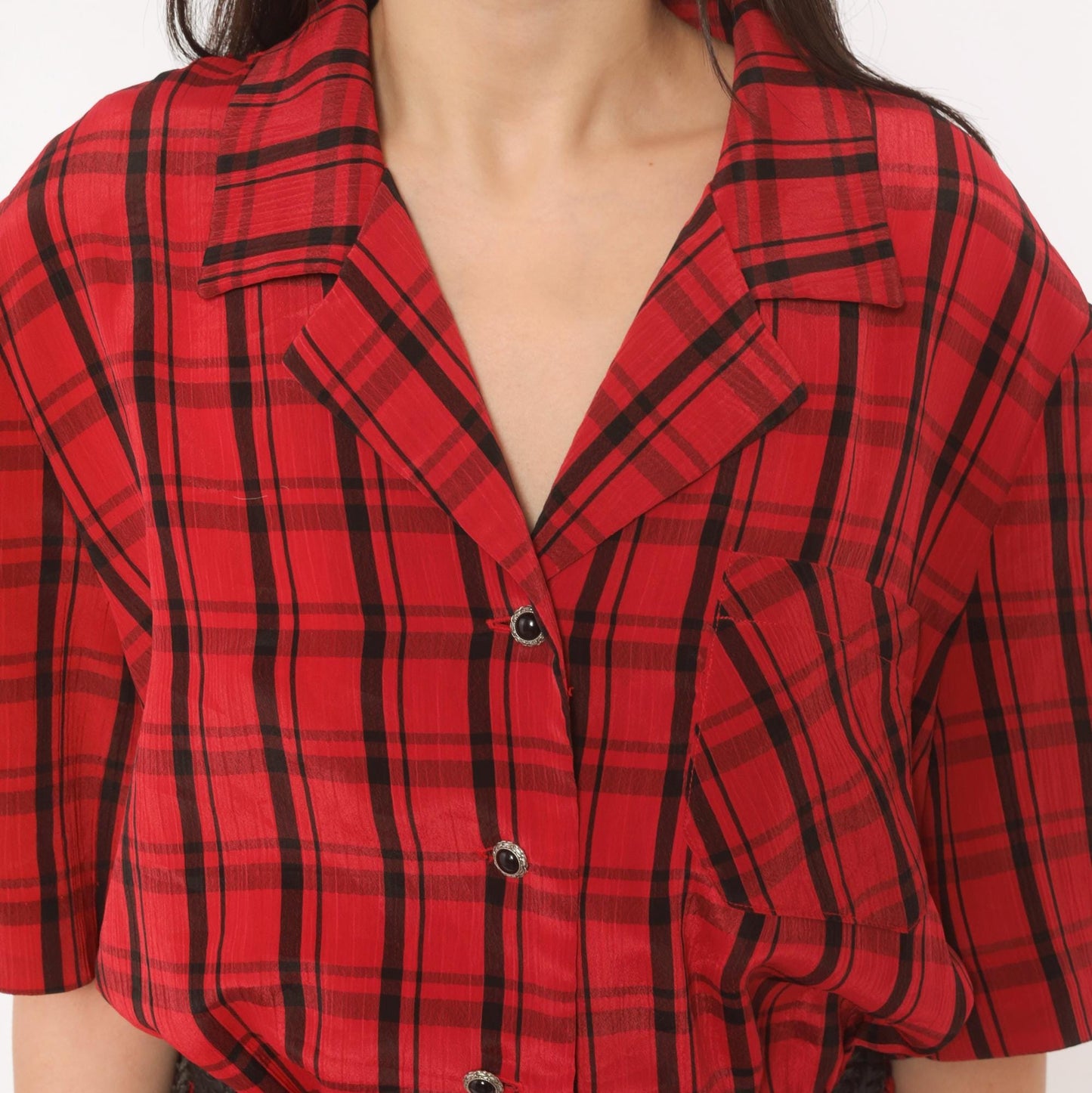 80s Leslie Fay Plaid Shirtdress Red Black Tartan Midi Pleated Medium Large