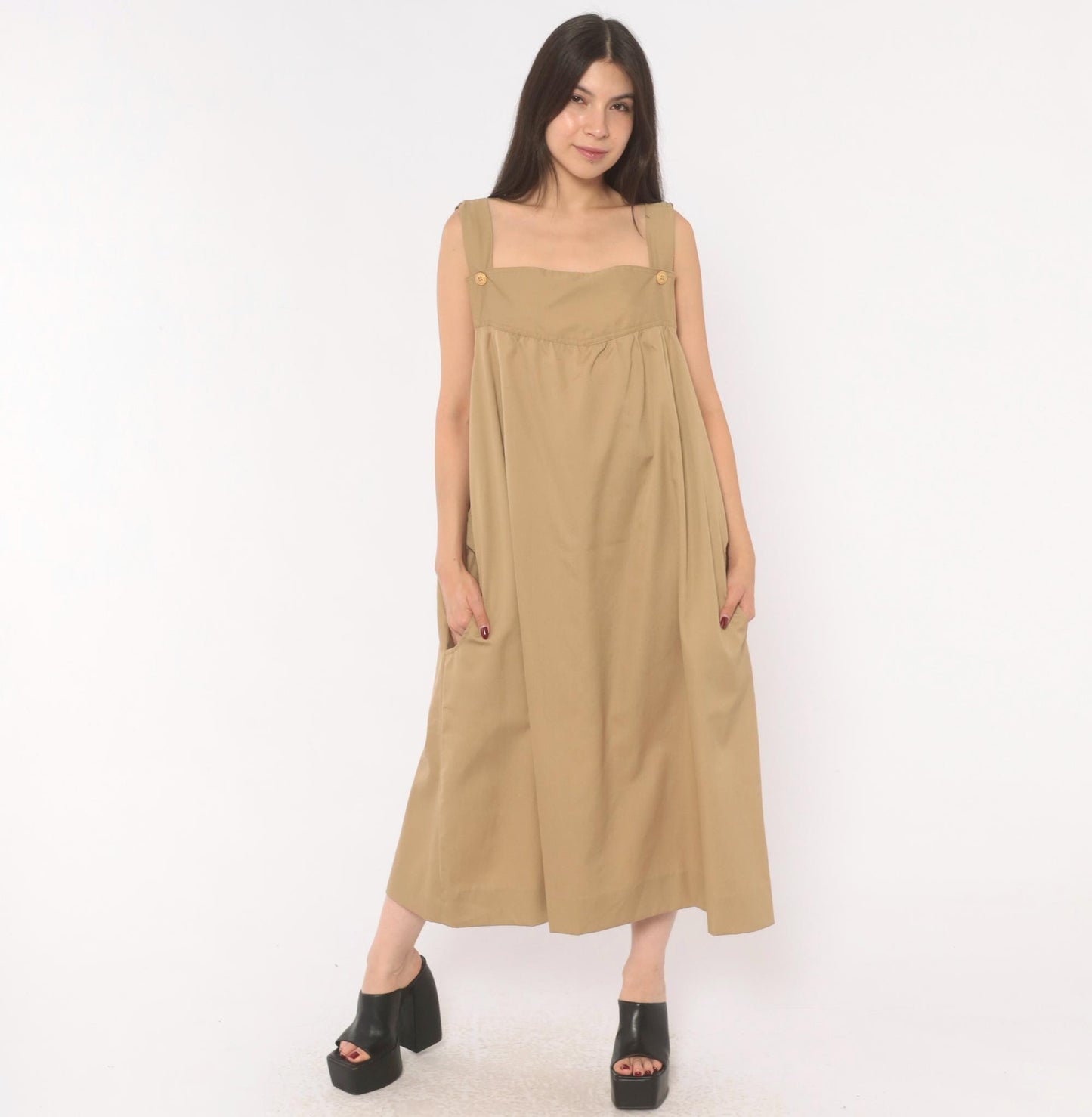 80s Tan Cotton Jumper Dress Square Neck Button Strap Midi Pinafore Large L