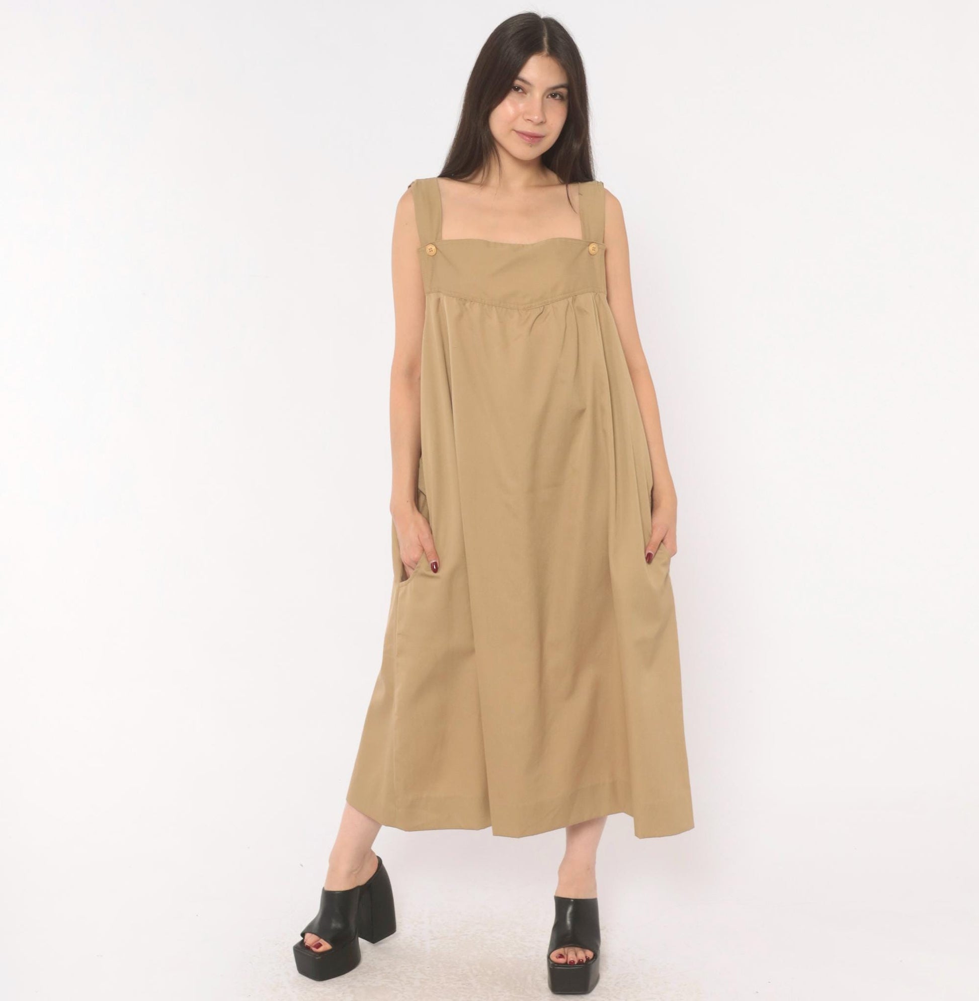80s Tan Cotton Jumper Dress Square Neck Button Strap Midi Pinafore Large L