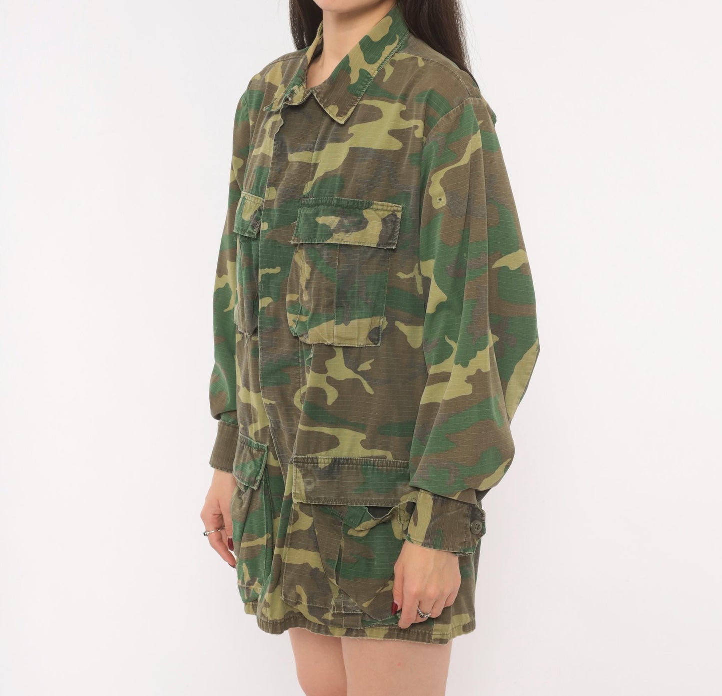 90s Woodland Camouflage Field Jacket Cotton Button Front Medium