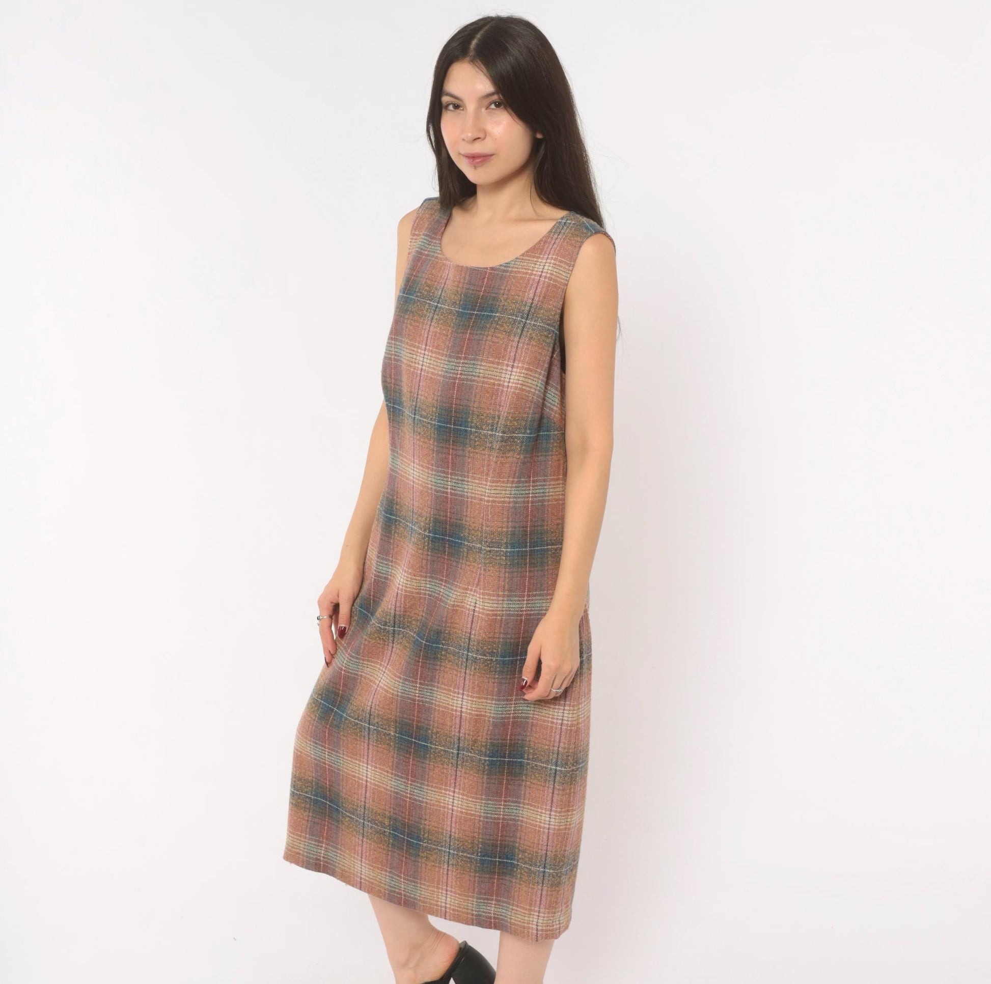 Y2K Chadwicks Plaid Wool Midi Dress Sleeveless A-Line Pink Teal Large L