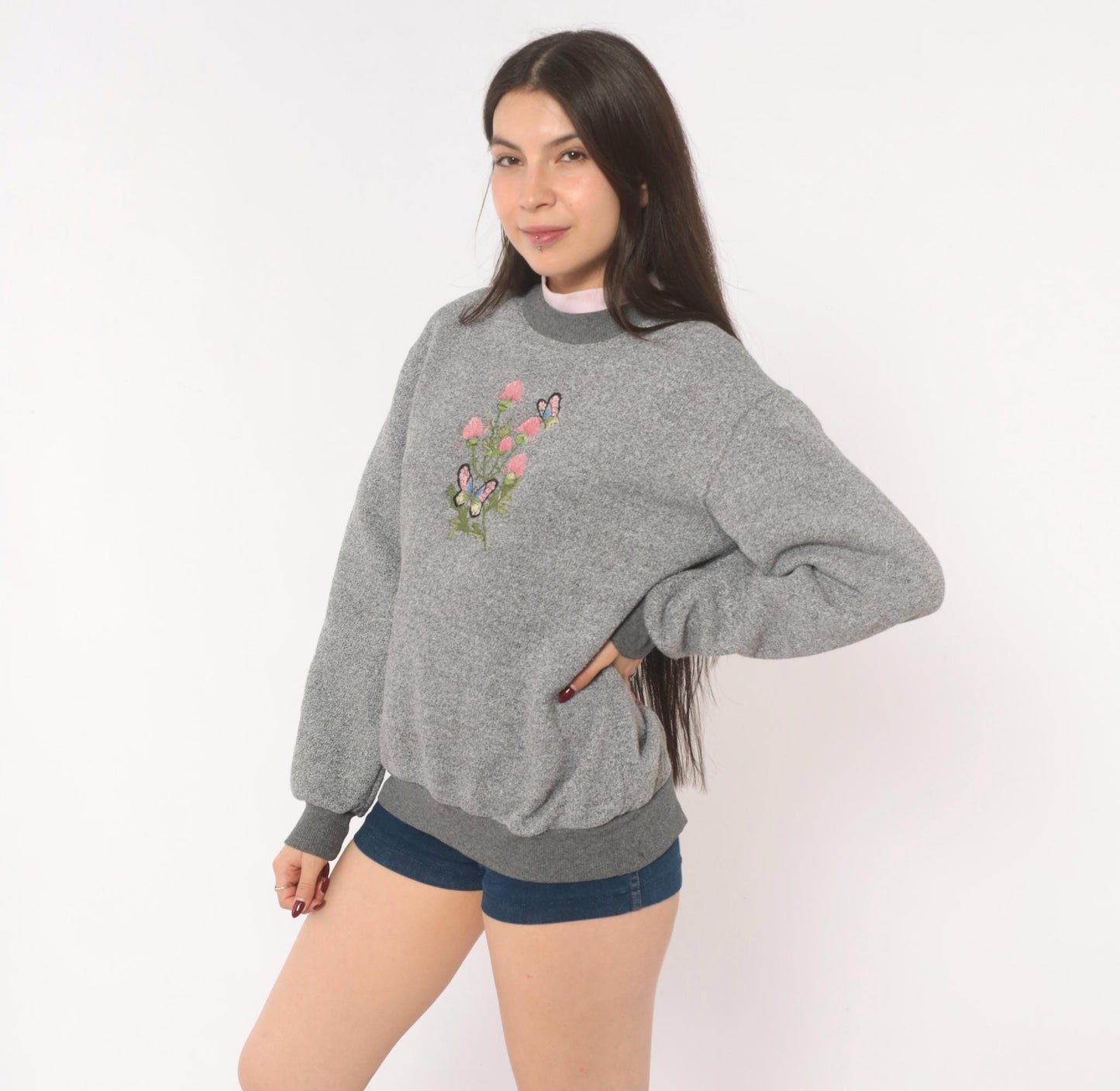 90s Bonworth Embroidered Butterfly Floral Sweatshirt Grey Crewneck Large L