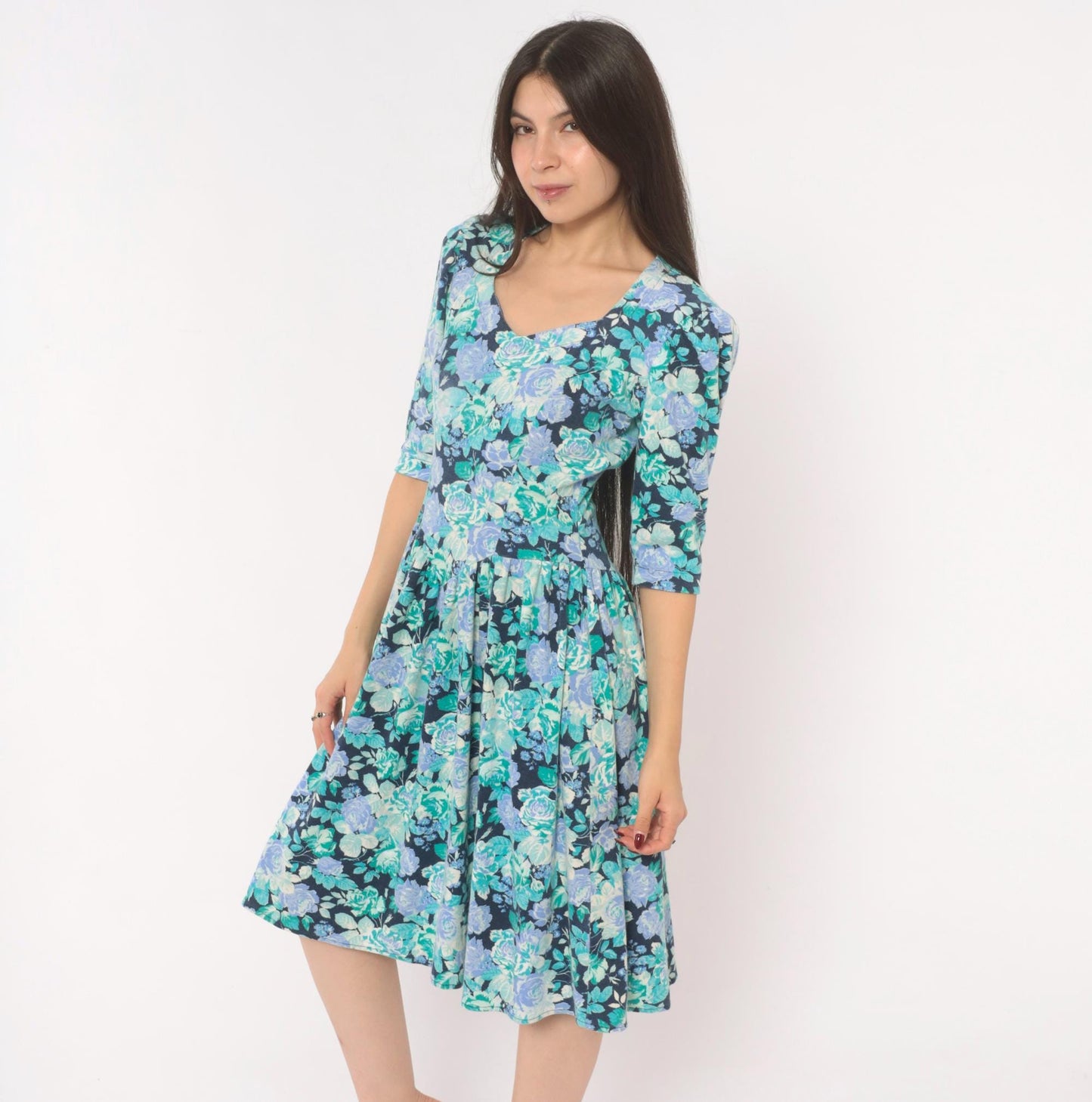 80s Stash Floral Dress Rose Print Sweetheart Neckline Puff Sleeve Navy Extra Small XS