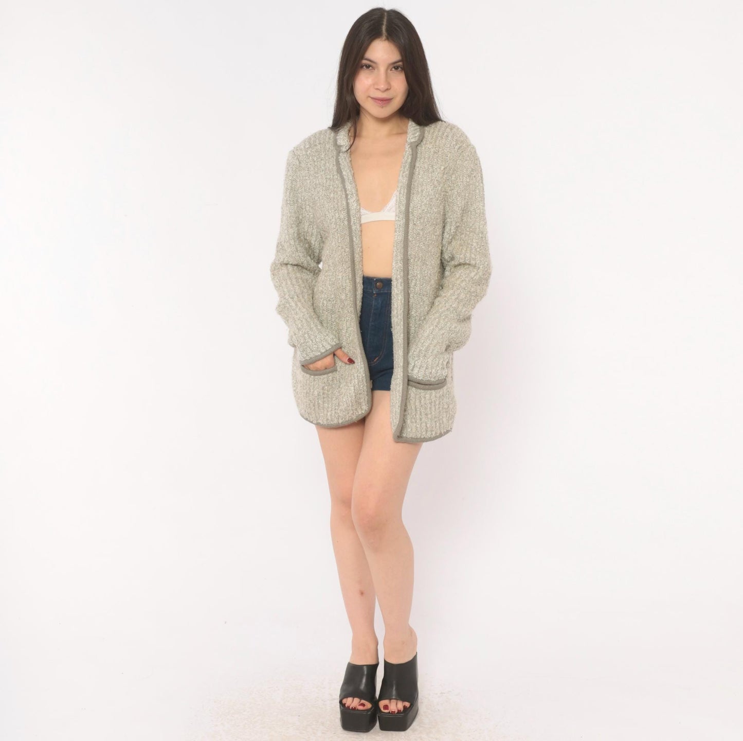 70s Harrington Square Bouclé Cardigan Grey Patch Pocket Knit Large L