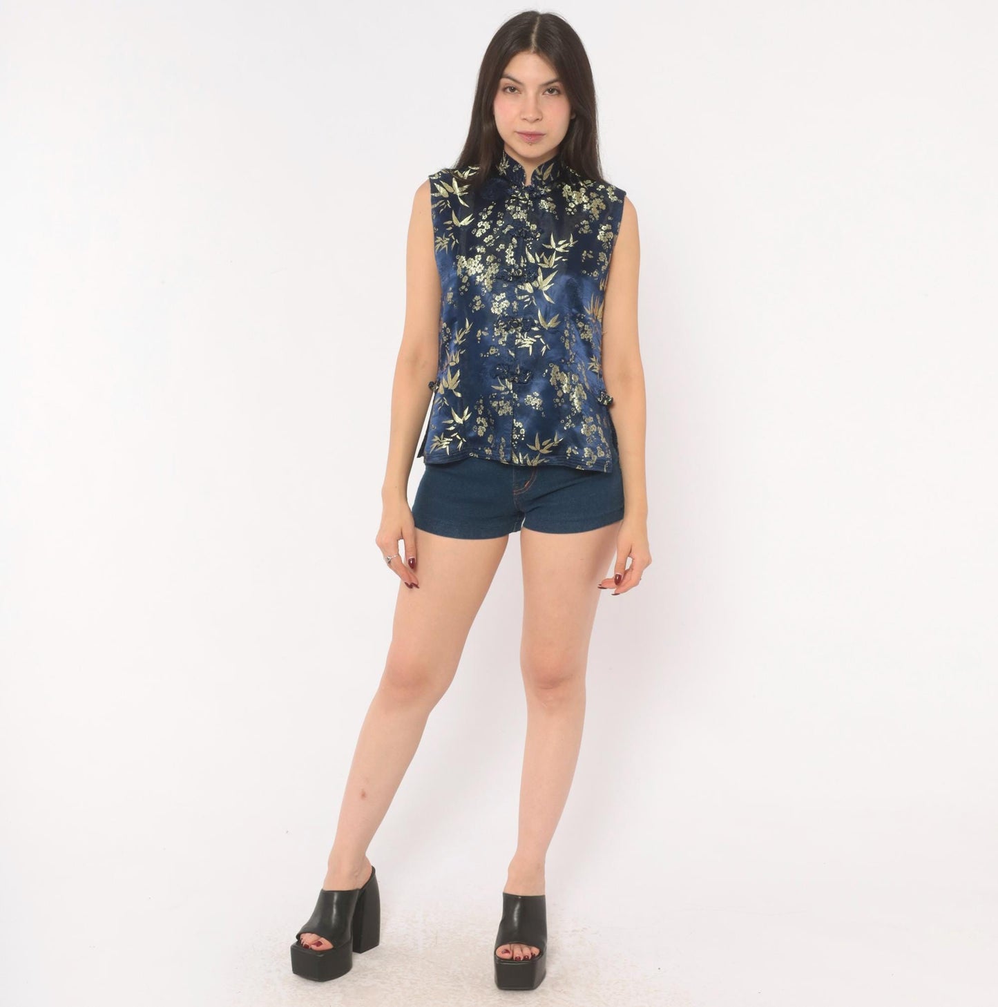 90s Navy Silk Cheongsam Vest Gold Bamboo Brocade Mandarin Collar Small S