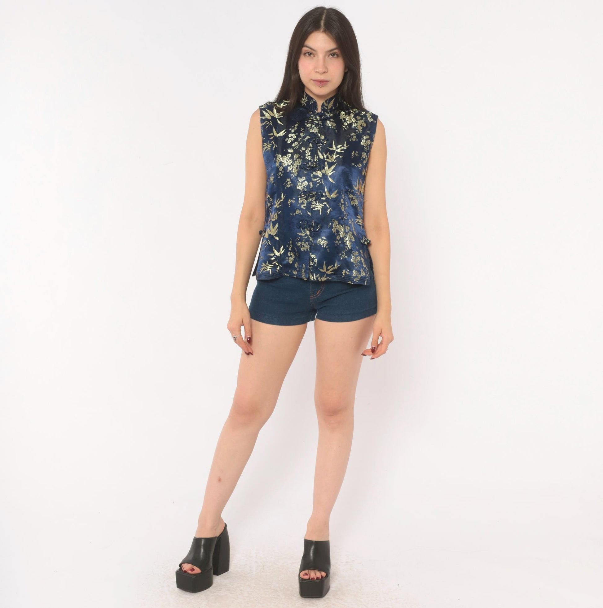 90s Navy Silk Cheongsam Vest Gold Bamboo Brocade Mandarin Collar Small S