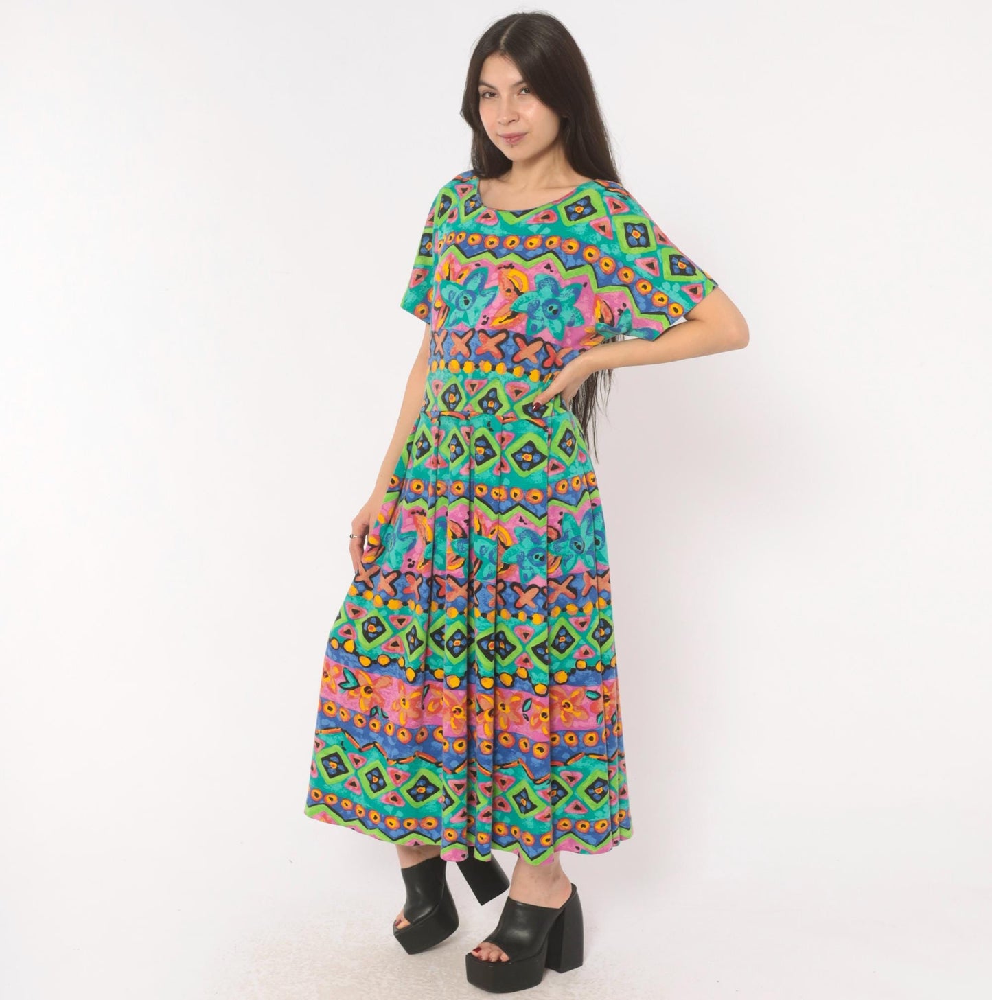 90s Sabino Geometric Tribal Print Maxi Dress Teal Pink Yellow Large L