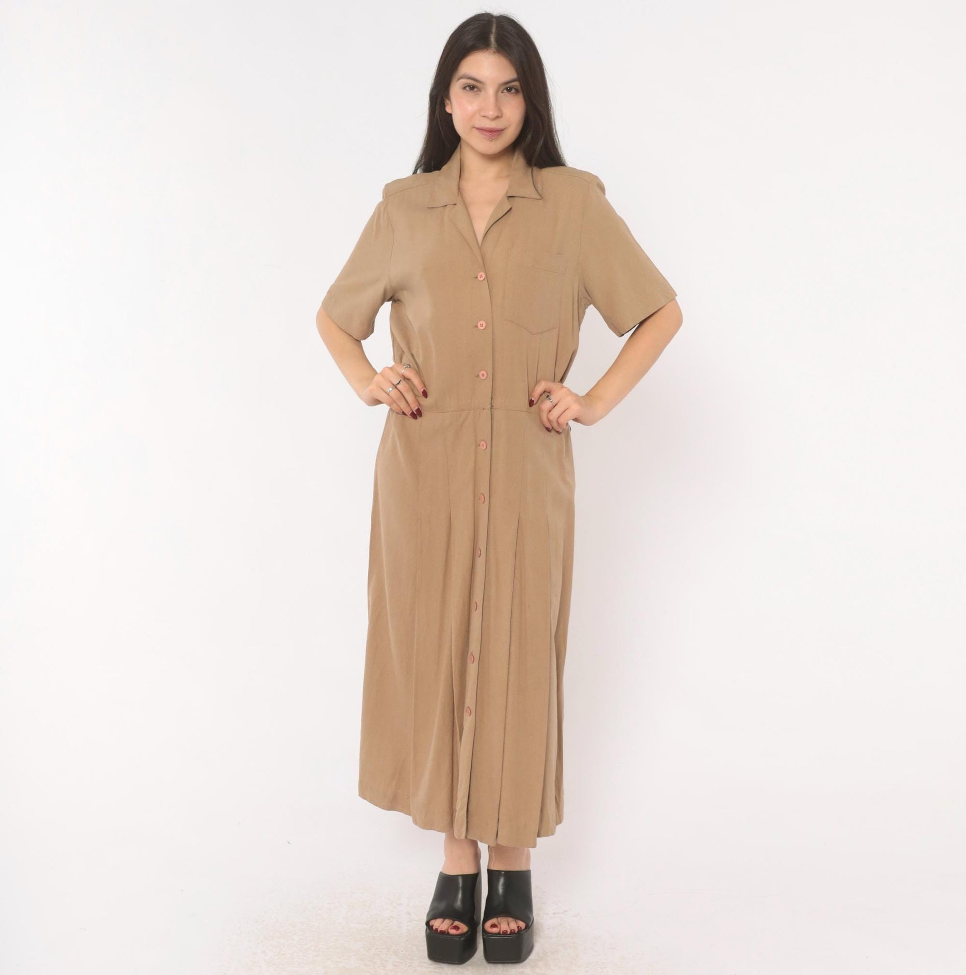90s Liz Claiborne Silk Maxi Shirt Dress Tan Camp Collar Pleated Medium M