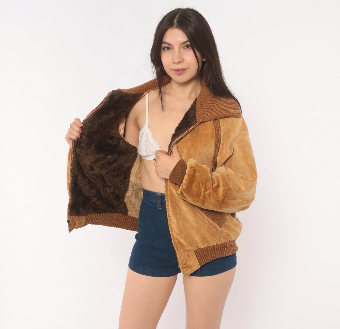 70s Corduroy Bomber Jacket Tan Raglan Knit Collar Zip Front Medium