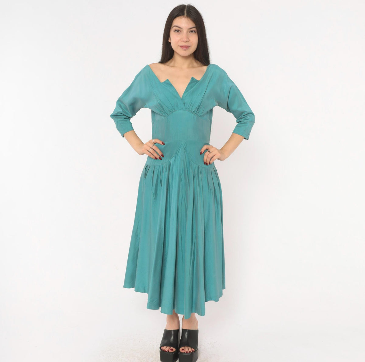 1940s Teal Dress V-Neck Three Quarter Sleeve Drop Waist Midi Small S