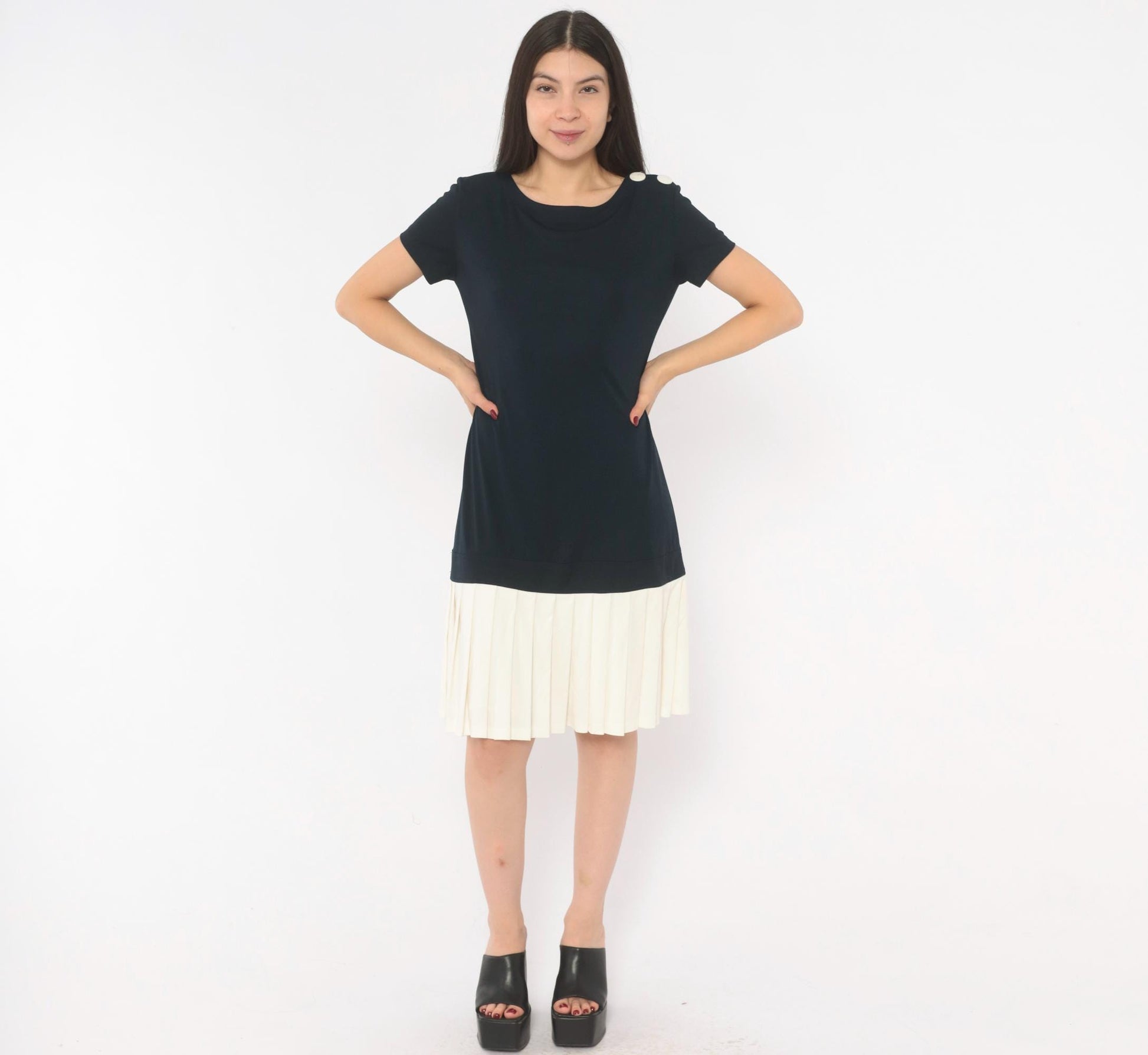 90s Robbie Bee Drop Waist Dress Navy Cream Pleated Colorblock Small