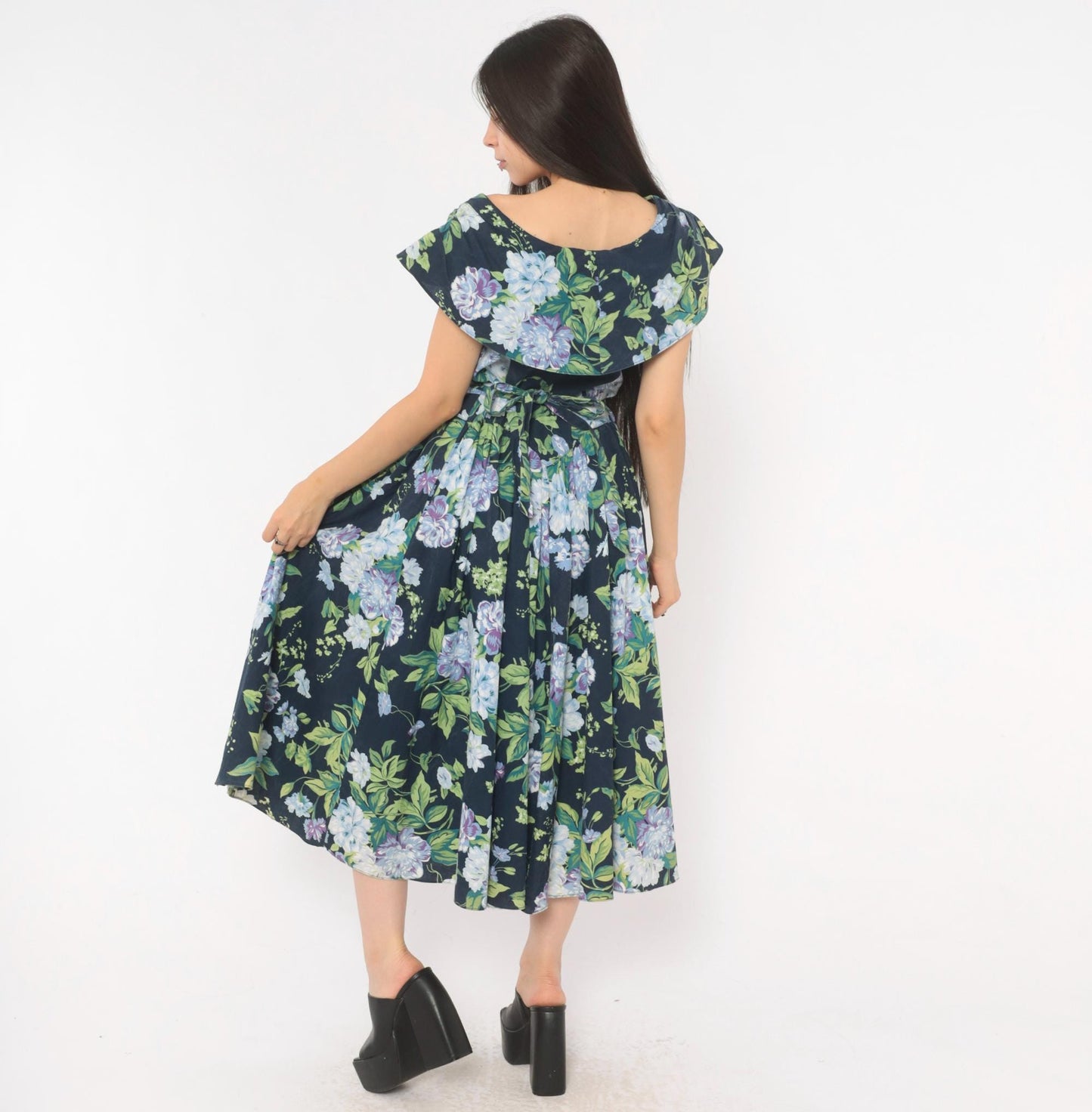 80s Jessica Howard Navy Floral Cotton Dress Sailor Collar Button Front Medium
