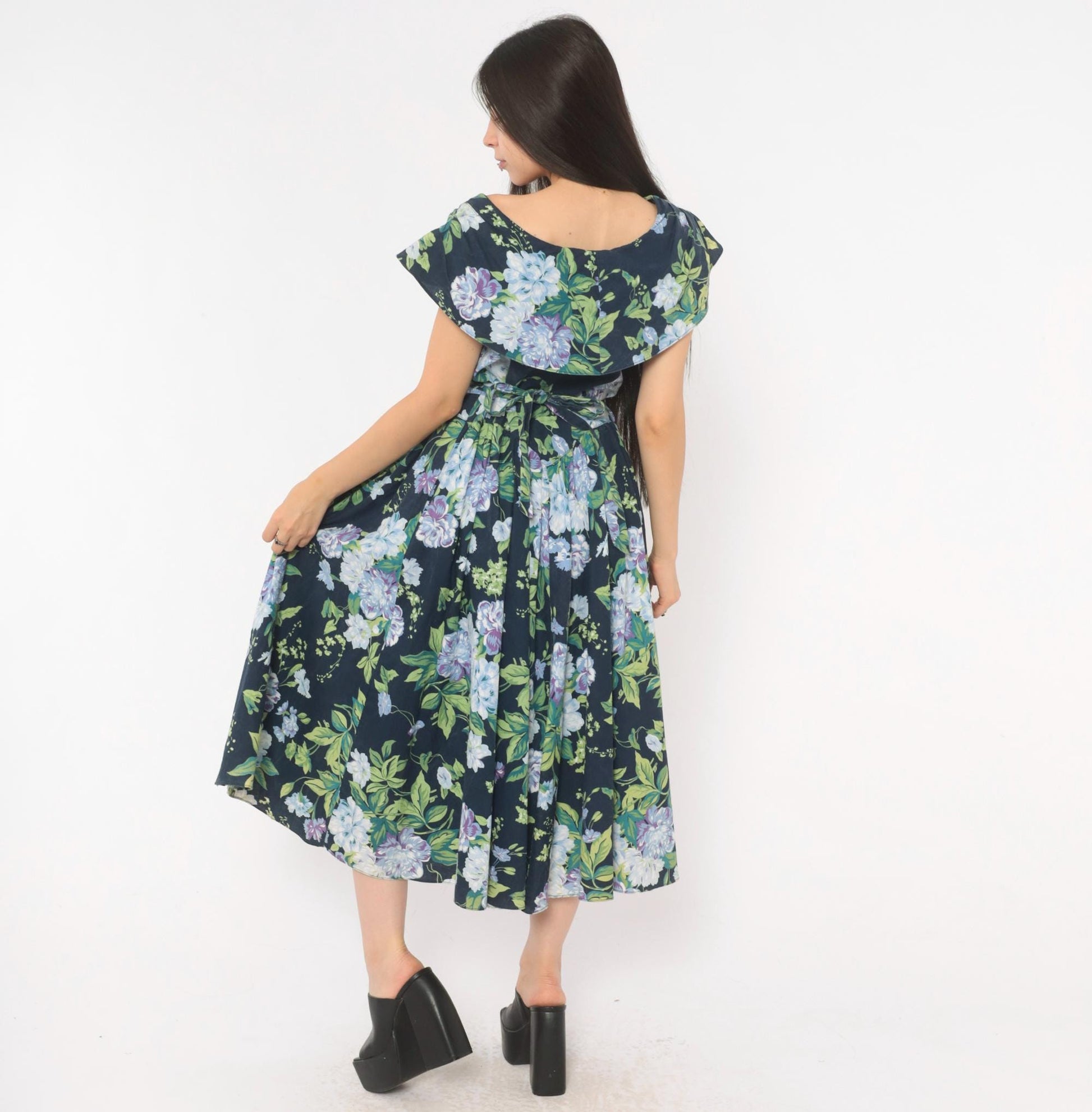 80s Jessica Howard Navy Floral Cotton Dress Sailor Collar Button Front Medium