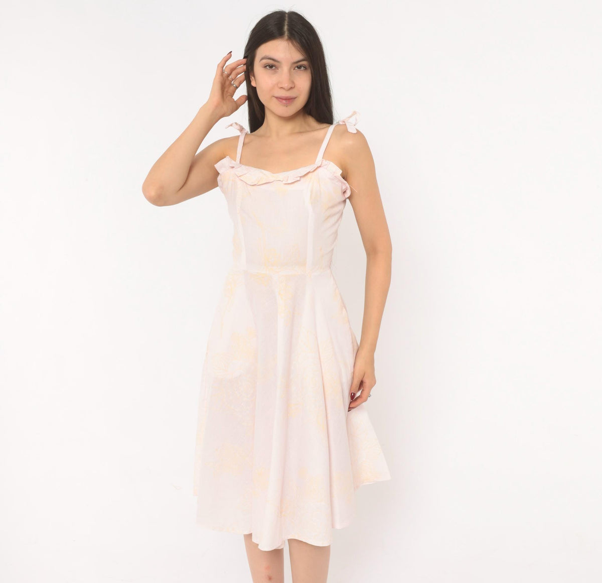 80s Blush Pink Floral Sundress Sweetheart Neckline Ruffle Tie Straps Extra Small XS