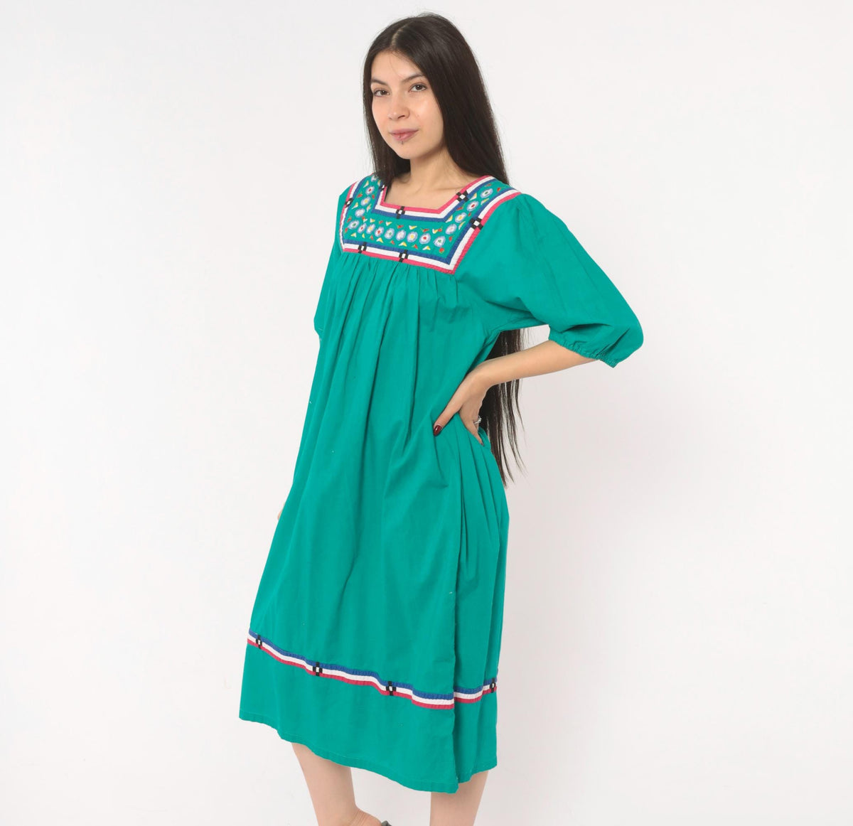 80s Naqui Teal Cotton Dress Embroidered Floral Yoke Puff Sleeve Small S
